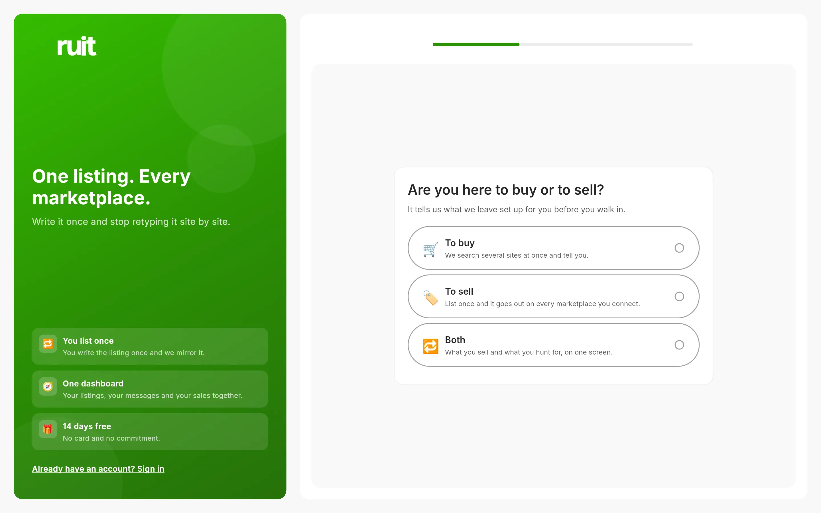 The first screen of the sign-up: the green RUIT panel on the left and, on the right, the question of whether you are here to buy or to sell, with three cards to choose from.