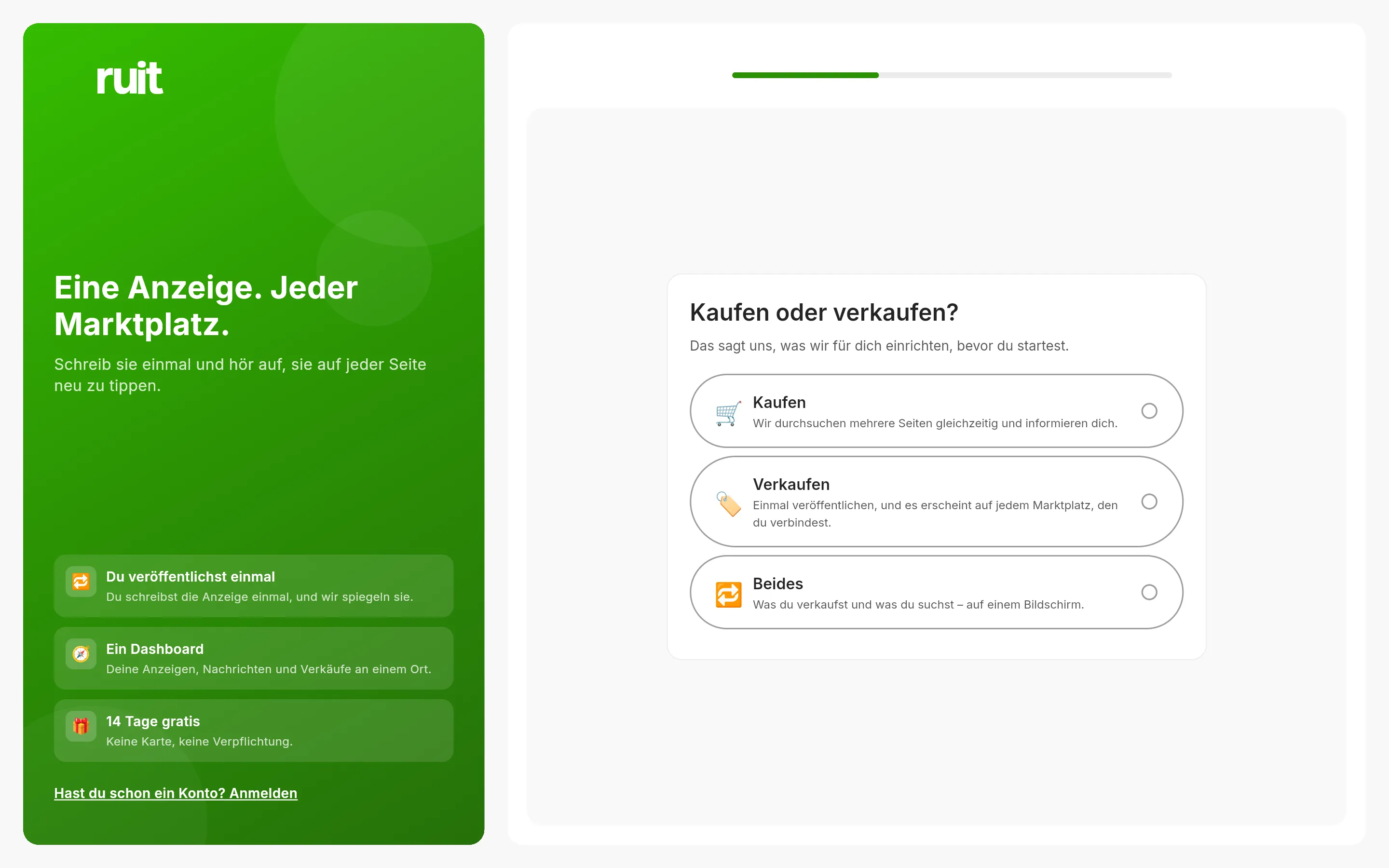 Der erste Bildschirm der Anmeldung: links der grüne Bereich von RUIT und rechts die Frage, ob du zum Kaufen oder zum Verkaufen kommst, mit drei Karten zur Auswahl.