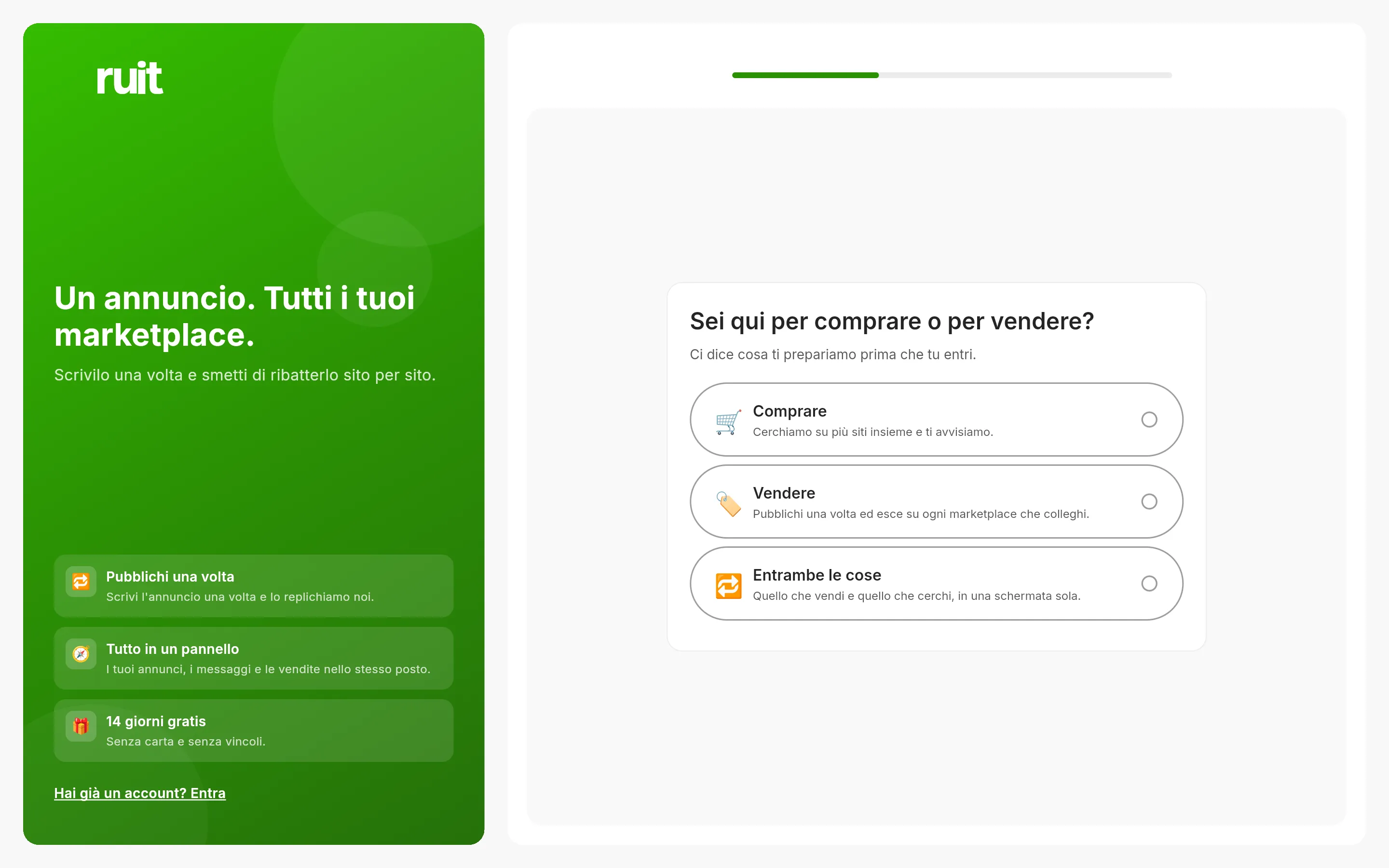 La prima schermata dell'iscrizione: il pannello verde di RUIT a sinistra e, a destra, la domanda se sei qui per comprare o per vendere, con tre schede da scegliere.
