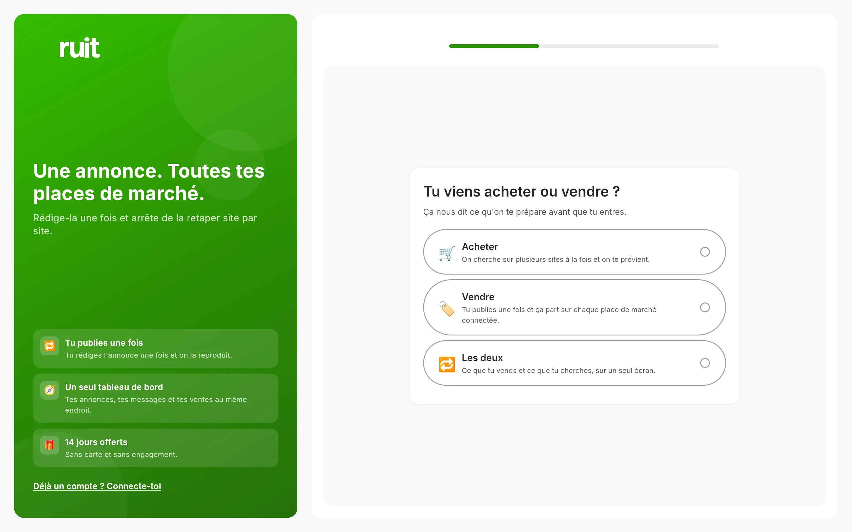 Le premier écran de l'inscription : le panneau vert de RUIT à gauche et, à droite, la question de savoir si vous venez acheter ou vendre, avec trois cartes au choix.
