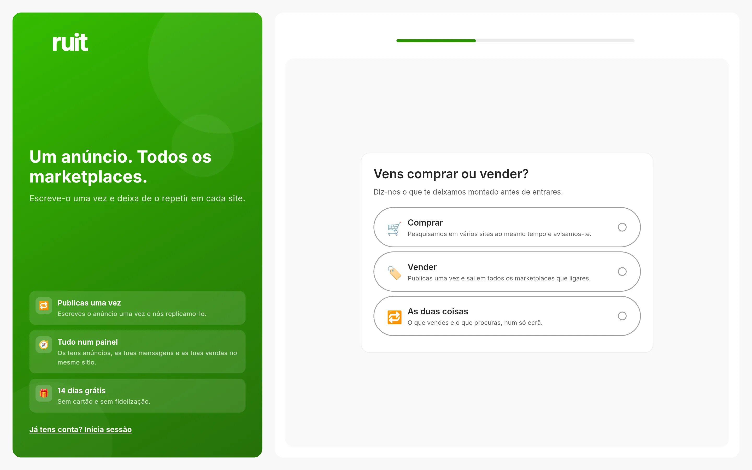 O primeiro ecrã do registo: o painel verde do RUIT à esquerda e, à direita, a pergunta se vens comprar ou vender, com três cartões para escolher.