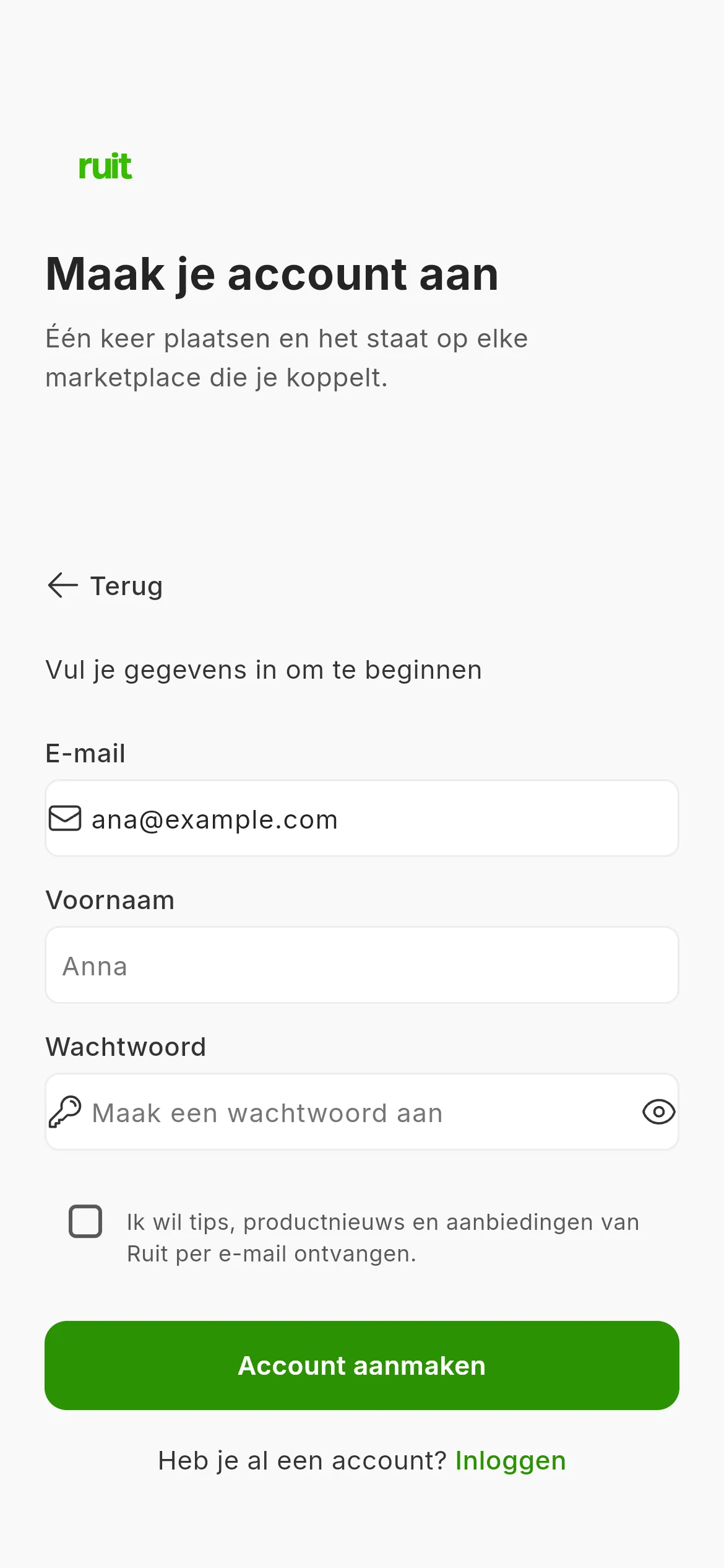 Het aanmeldformulier volledig uitgeklapt: het e-mailveld ingevuld met een voorbeeldadres, daaronder de velden voor naam en wachtwoord, het vakje voor nieuws en de groene knop om het account aan te maken.
