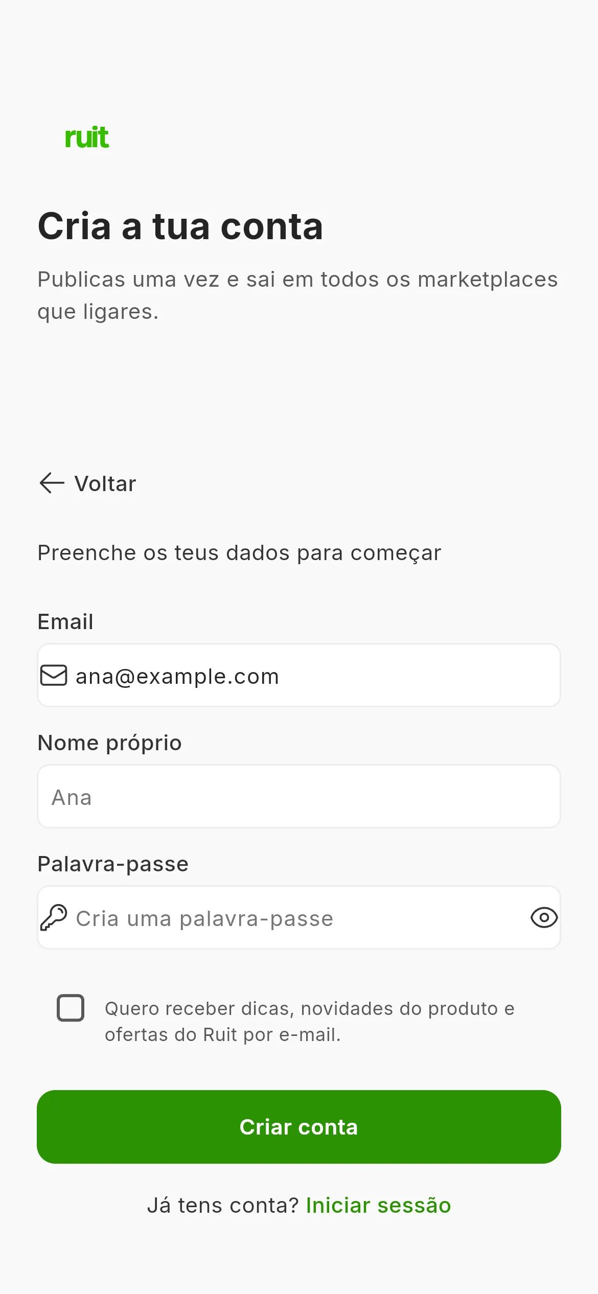O formulário do registo já aberto: o campo do e-mail preenchido com um endereço de exemplo, por baixo os campos do nome e da palavra-passe, a caixa de novidades e o botão verde de criar conta.