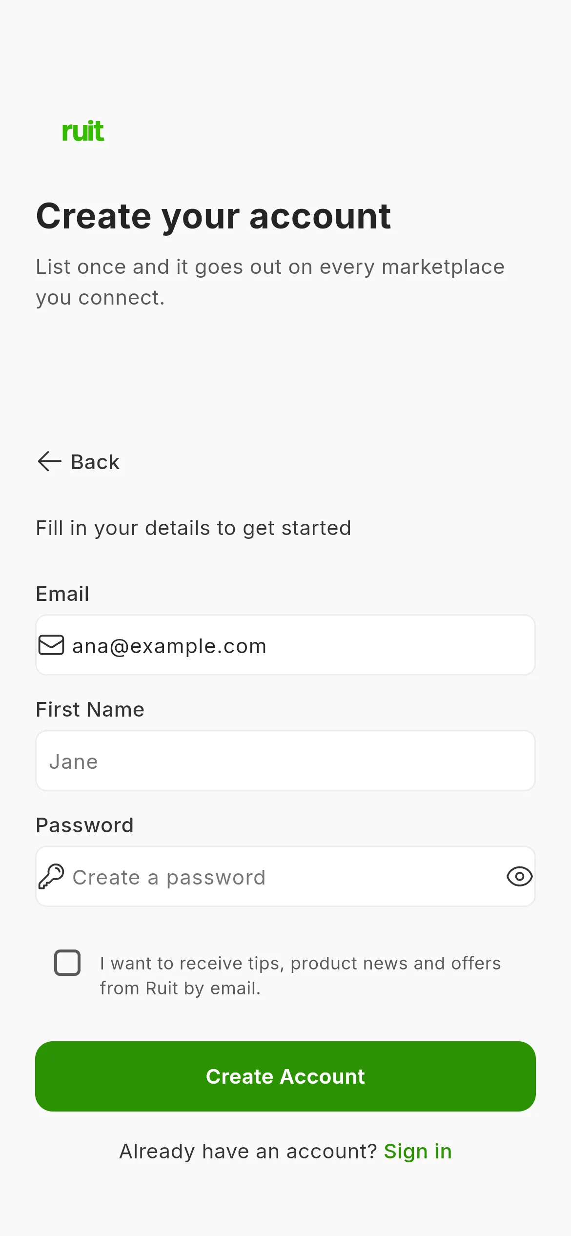 The sign-up form once it has unfolded: the email field filled in with an example address, below it the name and password fields, the news checkbox and the green create-account button.