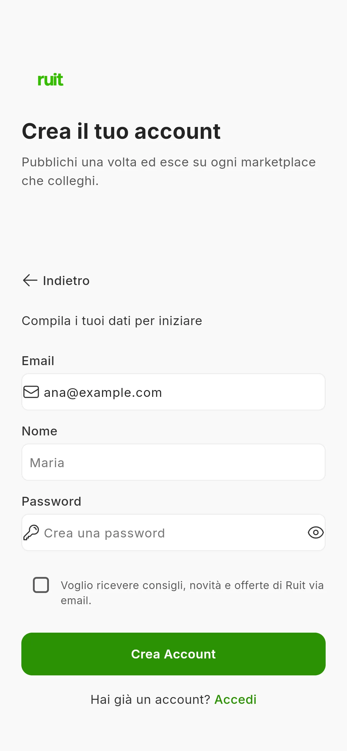 Il modulo dell'iscrizione già aperto: il campo dell'email riempito con un indirizzo di esempio, sotto i campi del nome e della password, la casella delle novità e il pulsante verde per creare l'account.