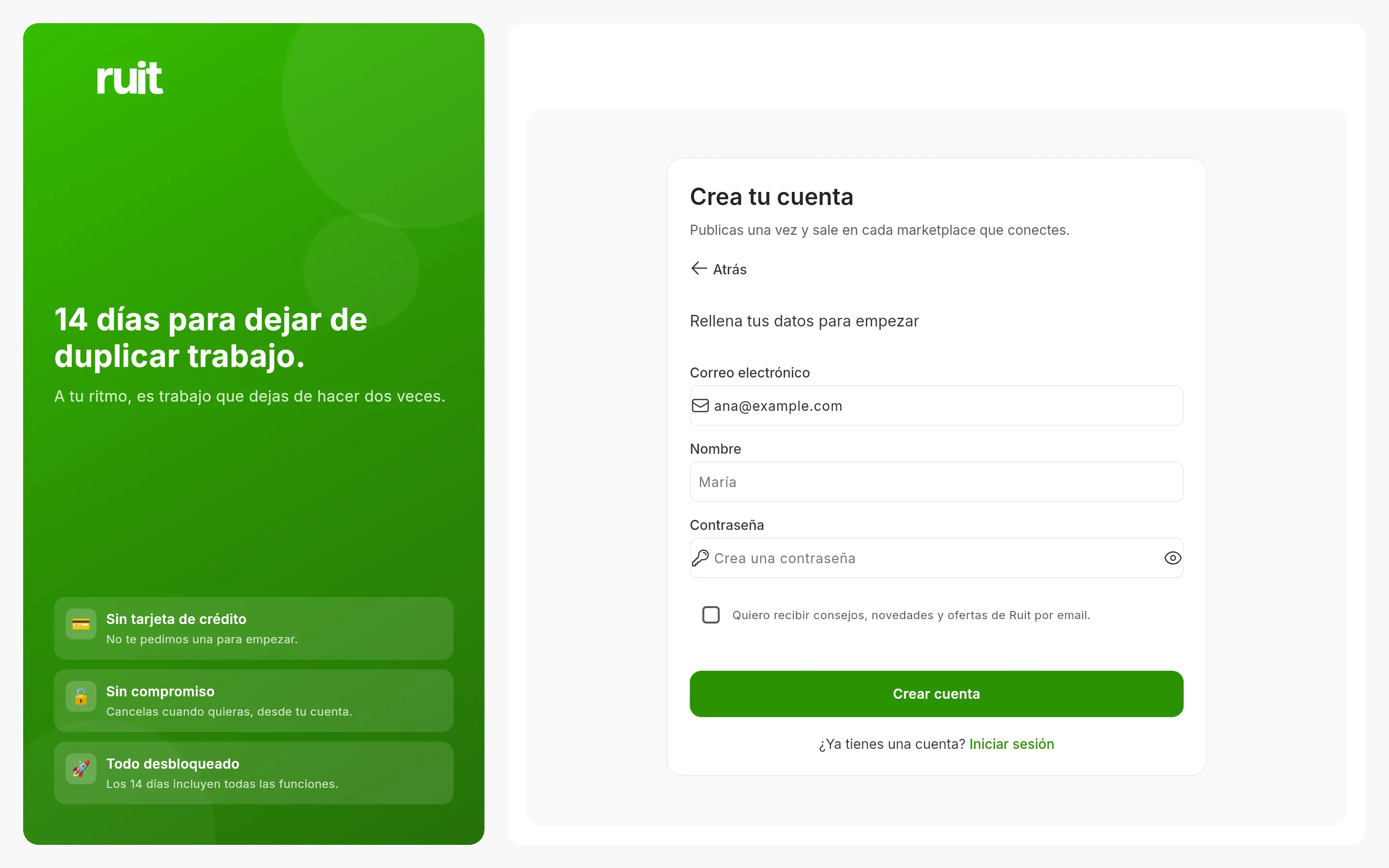El formulario del alta ya desplegado: el campo del correo relleno con una dirección de ejemplo, debajo los campos de nombre y de contraseña, la casilla de novedades y el botón verde de crear cuenta.