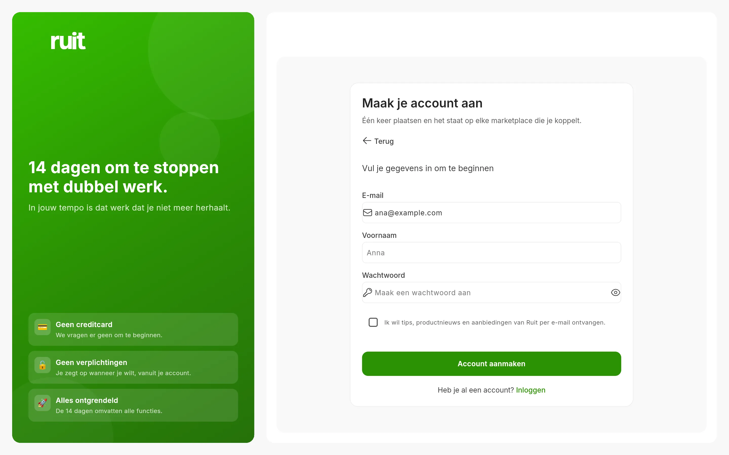 Het aanmeldformulier volledig uitgeklapt: het e-mailveld ingevuld met een voorbeeldadres, daaronder de velden voor naam en wachtwoord, het vakje voor nieuws en de groene knop om het account aan te maken.