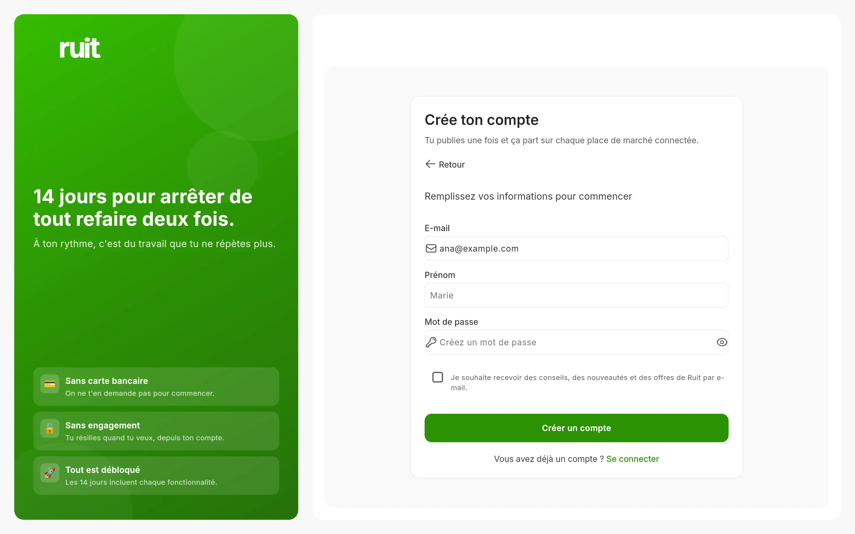 Le formulaire d'inscription déjà déplié : le champ de l'adresse rempli avec un exemple, en dessous les champs du nom et du mot de passe, la case des nouveautés et le bouton vert de création du compte.