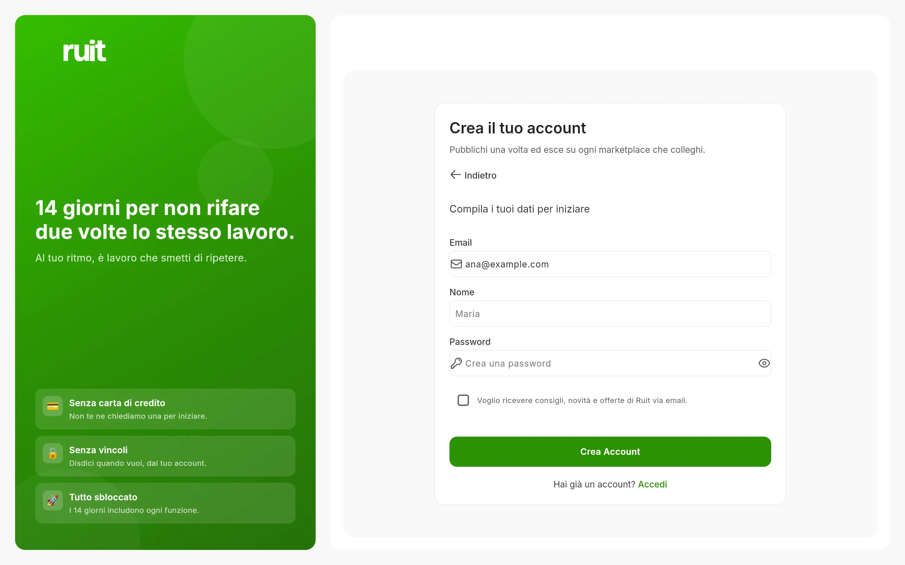 Il modulo dell'iscrizione già aperto: il campo dell'email riempito con un indirizzo di esempio, sotto i campi del nome e della password, la casella delle novità e il pulsante verde per creare l'account.