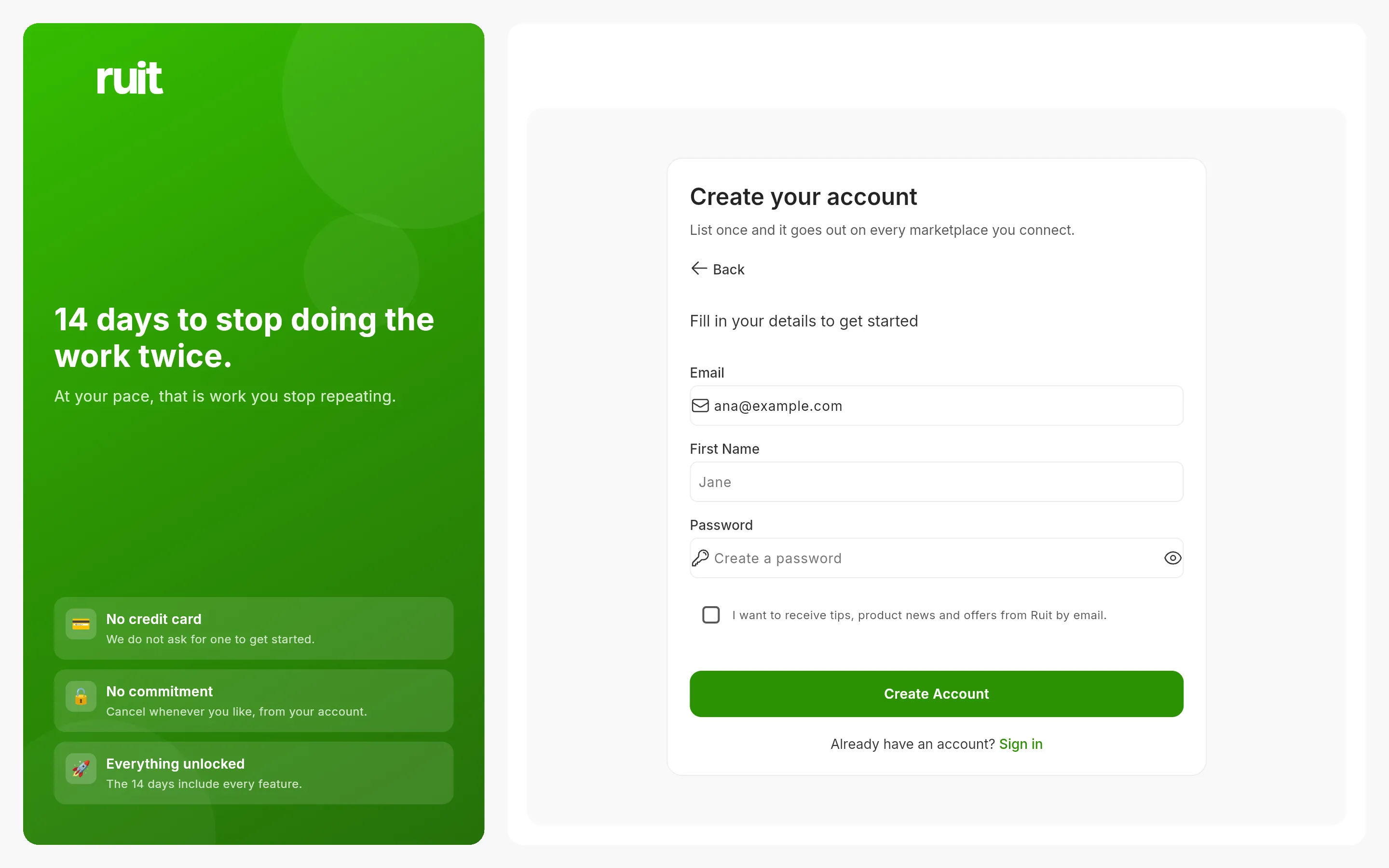 The sign-up form once it has unfolded: the email field filled in with an example address, below it the name and password fields, the news checkbox and the green create-account button.