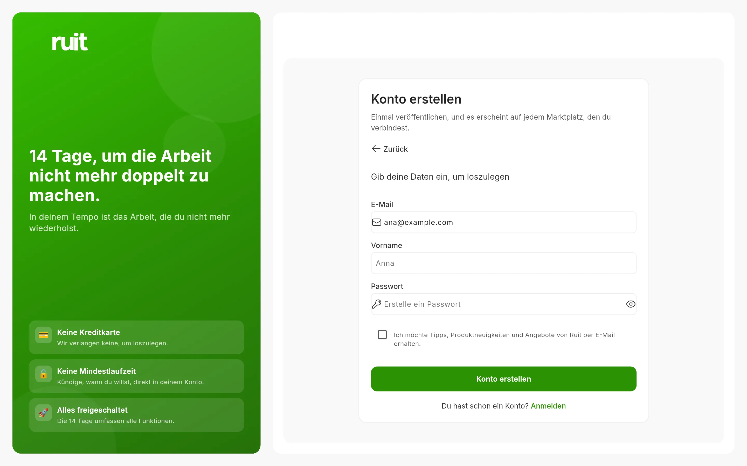 Das ausgeklappte Formular der Anmeldung: das Feld der E-Mail-Adresse mit einer Beispieladresse, darunter die Felder für Name und Passwort, das Kästchen für Neuigkeiten und die grüne Schaltfläche zum Erstellen des Kontos.