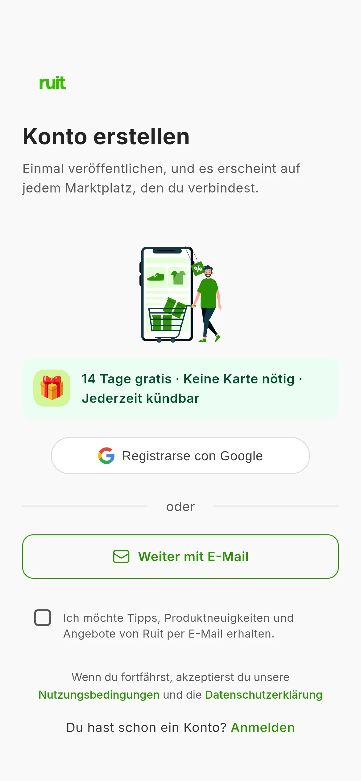 Der Bildschirm zum Erstellen des Kontos: der Hinweis auf 14 Tage gratis ohne Karte, die Schaltfläche zum Registrieren mit Google, die zum Fortfahren mit E-Mail, das optionale Kästchen für Neuigkeiten und der Hinweis auf die Nutzungsbedingungen.