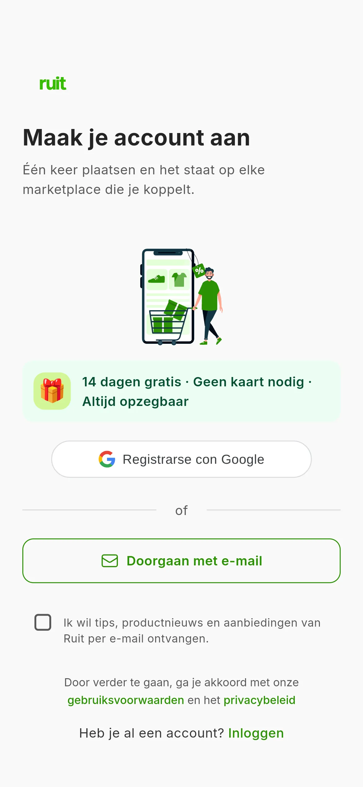 Het scherm om het account aan te maken: de melding van 14 dagen gratis zonder kaart, de knop om te registreren met Google, die om door te gaan met e-mail, het optionele vakje voor nieuws per e-mail en de opmerking over de gebruiksvoorwaarden.