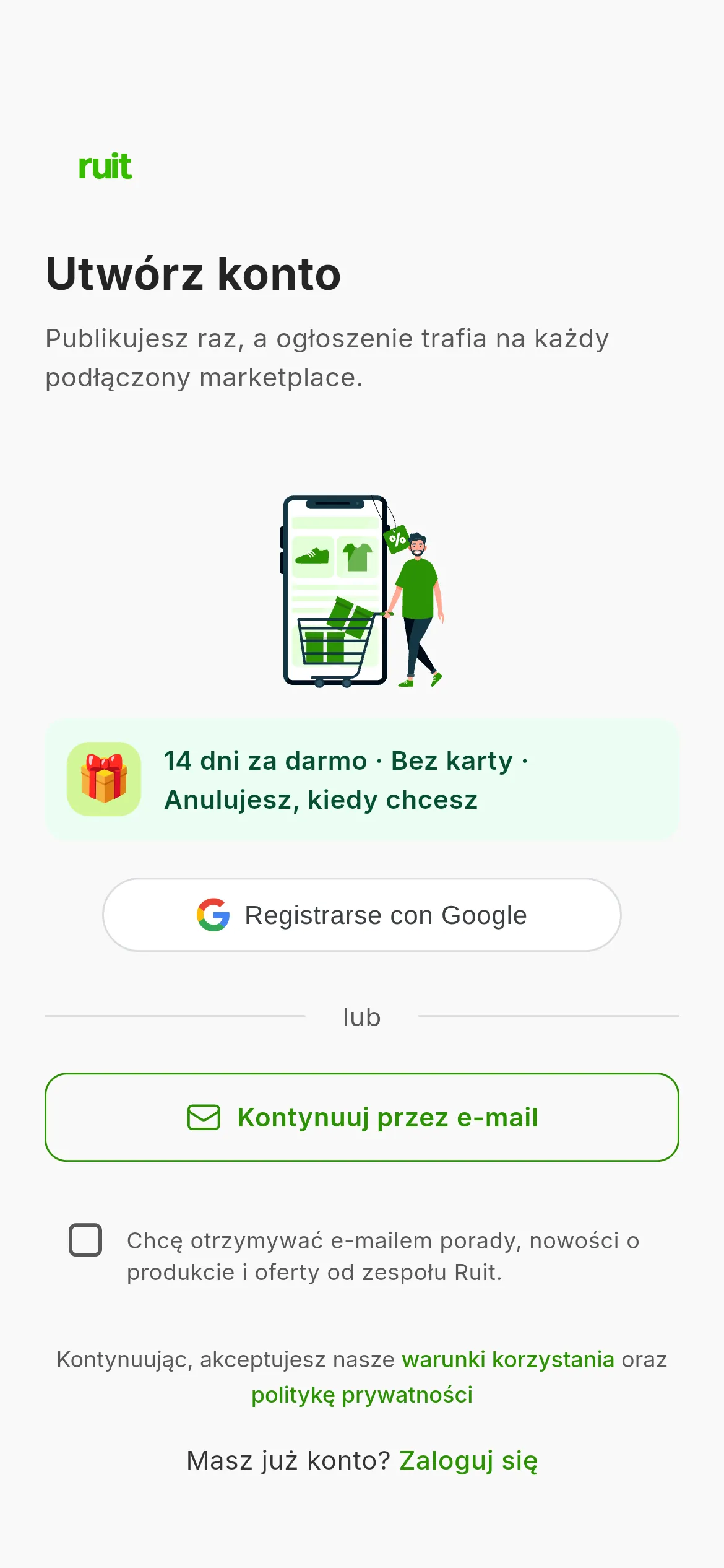 Ekran tworzenia konta: informacja o 14 dniach za darmo bez karty, przycisk rejestracji przez Google, przycisk kontynuowania z adresem e-mail, opcjonalne pole wyboru na nowości pocztą i nota o warunkach korzystania.
