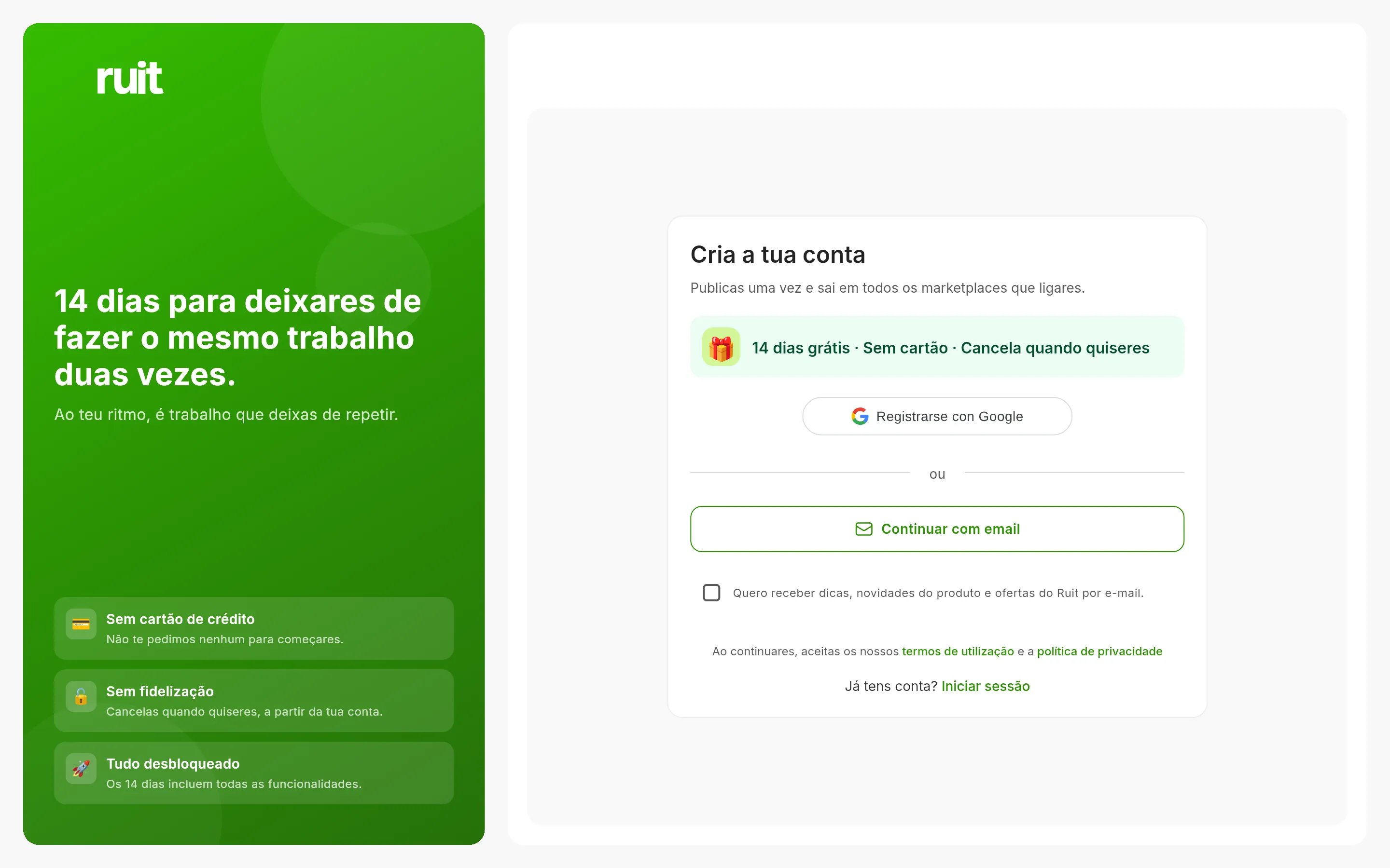 O ecrã de criar a conta: o aviso de 14 dias grátis sem cartão, o botão de registar-se com o Google, o de continuar com email, a caixa opcional de novidades por e-mail e a nota das condições de utilização.