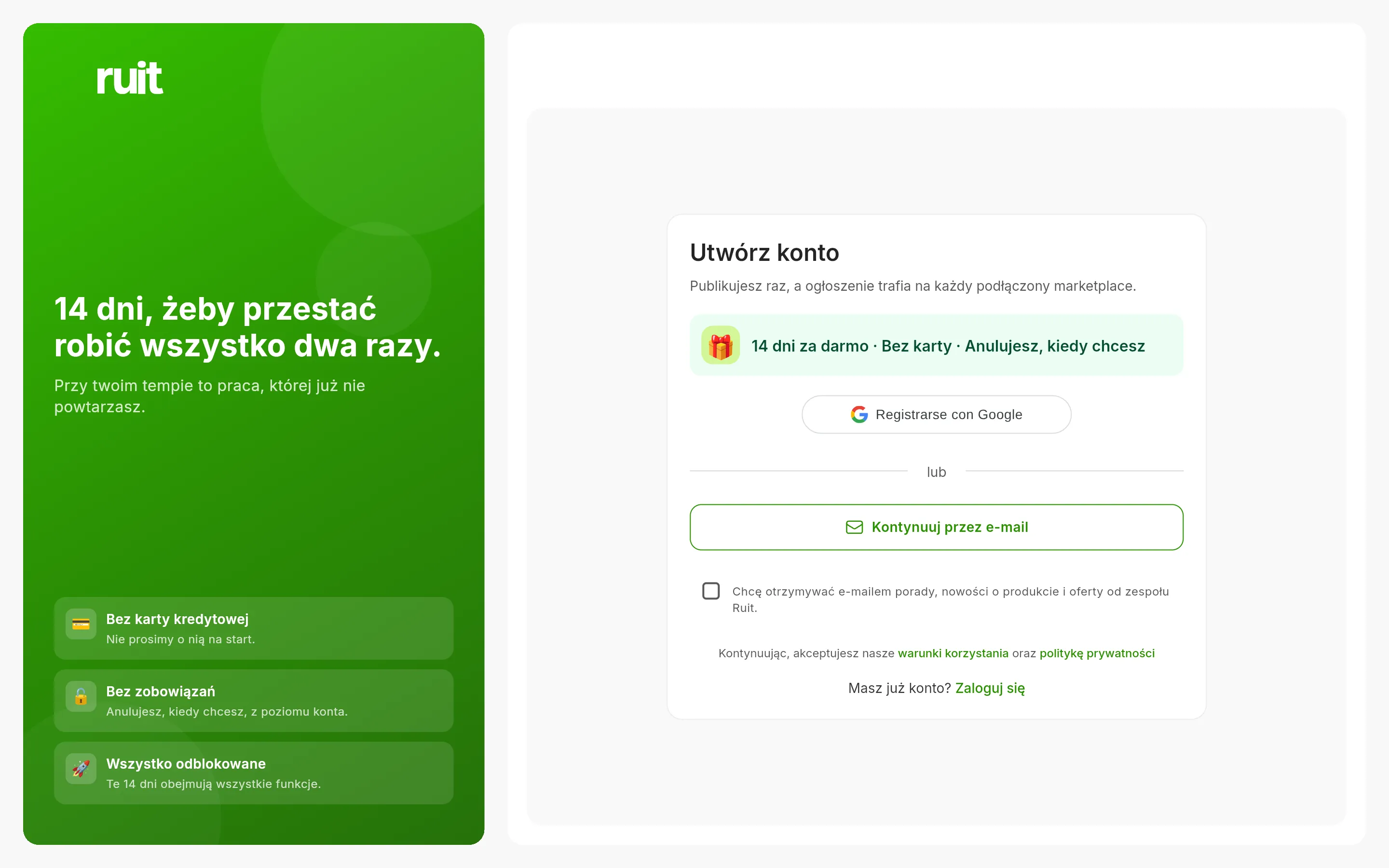 Ekran tworzenia konta: informacja o 14 dniach za darmo bez karty, przycisk rejestracji przez Google, przycisk kontynuowania z adresem e-mail, opcjonalne pole wyboru na nowości pocztą i nota o warunkach korzystania.