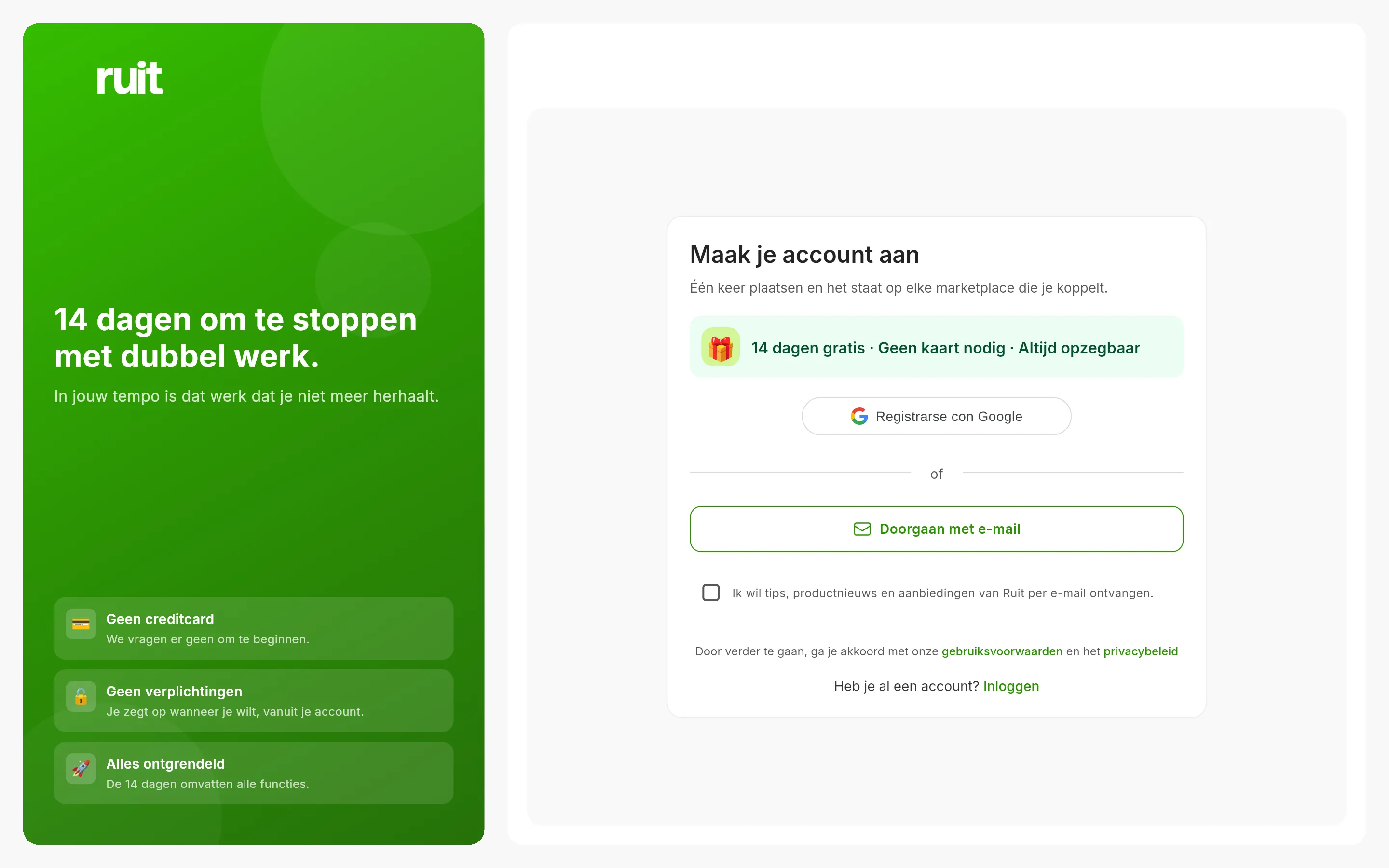 Het scherm om het account aan te maken: de melding van 14 dagen gratis zonder kaart, de knop om te registreren met Google, die om door te gaan met e-mail, het optionele vakje voor nieuws per e-mail en de opmerking over de gebruiksvoorwaarden.