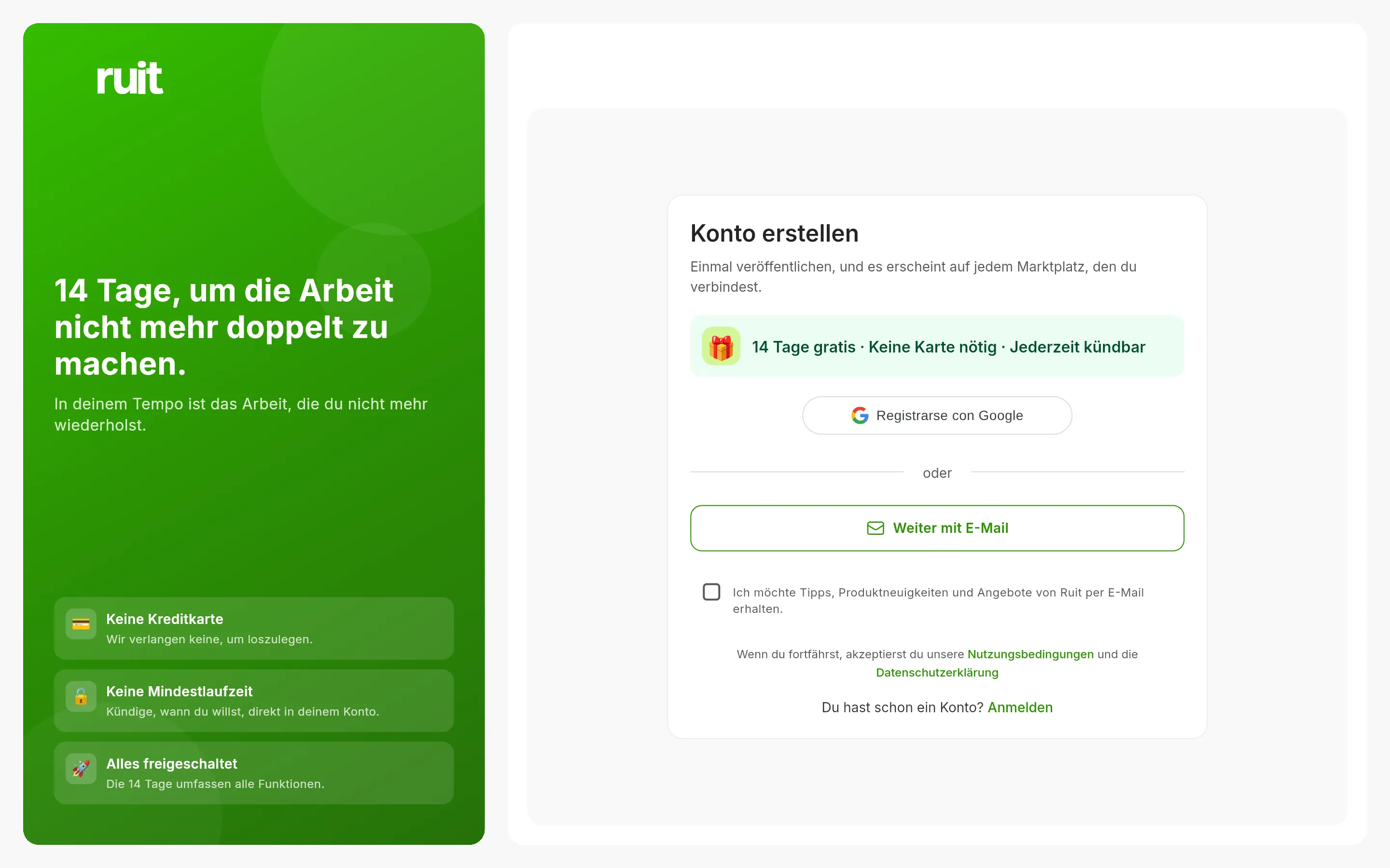 Der Bildschirm zum Erstellen des Kontos: der Hinweis auf 14 Tage gratis ohne Karte, die Schaltfläche zum Registrieren mit Google, die zum Fortfahren mit E-Mail, das optionale Kästchen für Neuigkeiten und der Hinweis auf die Nutzungsbedingungen.