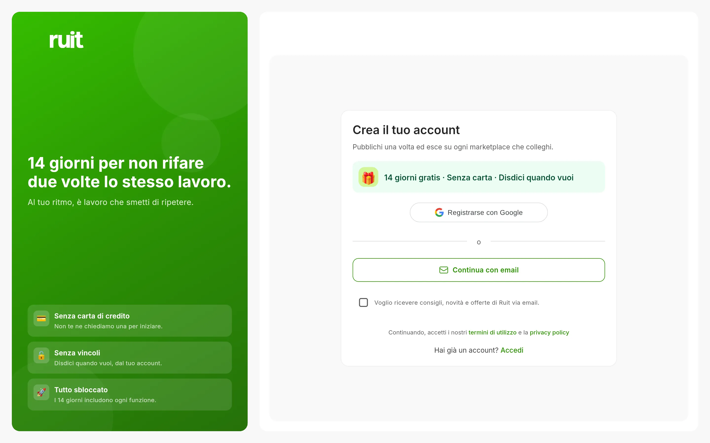 La schermata per creare l'account: l'avviso dei 14 giorni gratis senza carta, il pulsante per registrarsi con Google, quello per continuare con l'email, la casella facoltativa delle novità per email e la nota sulle condizioni d'uso.