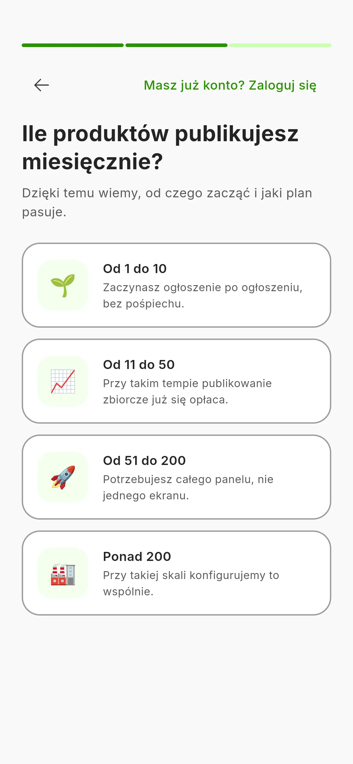 Drugi ekran rejestracji: pytanie, ile rzeczy wystawiasz miesięcznie, z czterema przedziałami, pasek postępu u góry z napisem Krok 2 z 3 i strzałka powrotu.