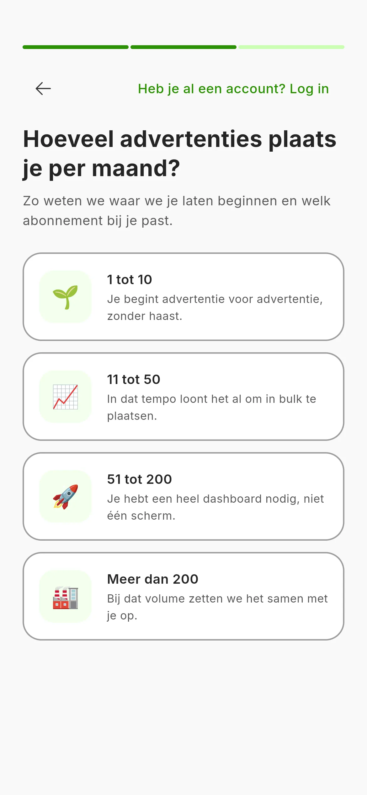 Het tweede scherm van de aanmelding: de vraag hoeveel artikelen je per maand plaatst met vier staffels, bovenaan de voortgangsbalk met de tekst Stap 2 van 3 en het pijltje om terug te gaan.