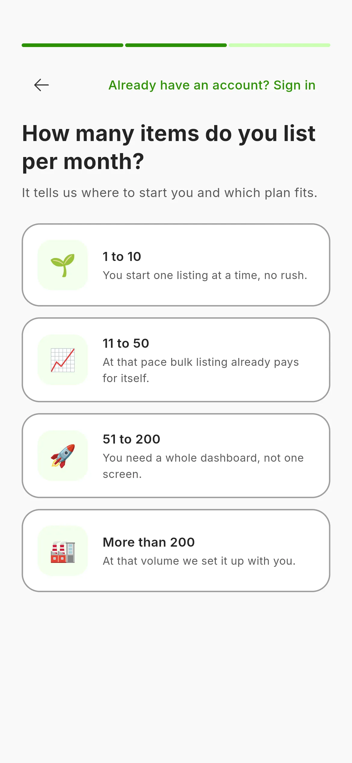 The second screen of the sign-up: the question of how many items you list a month with four bands, the progress bar at the top reading Step 2 of 3 and the arrow to go back.