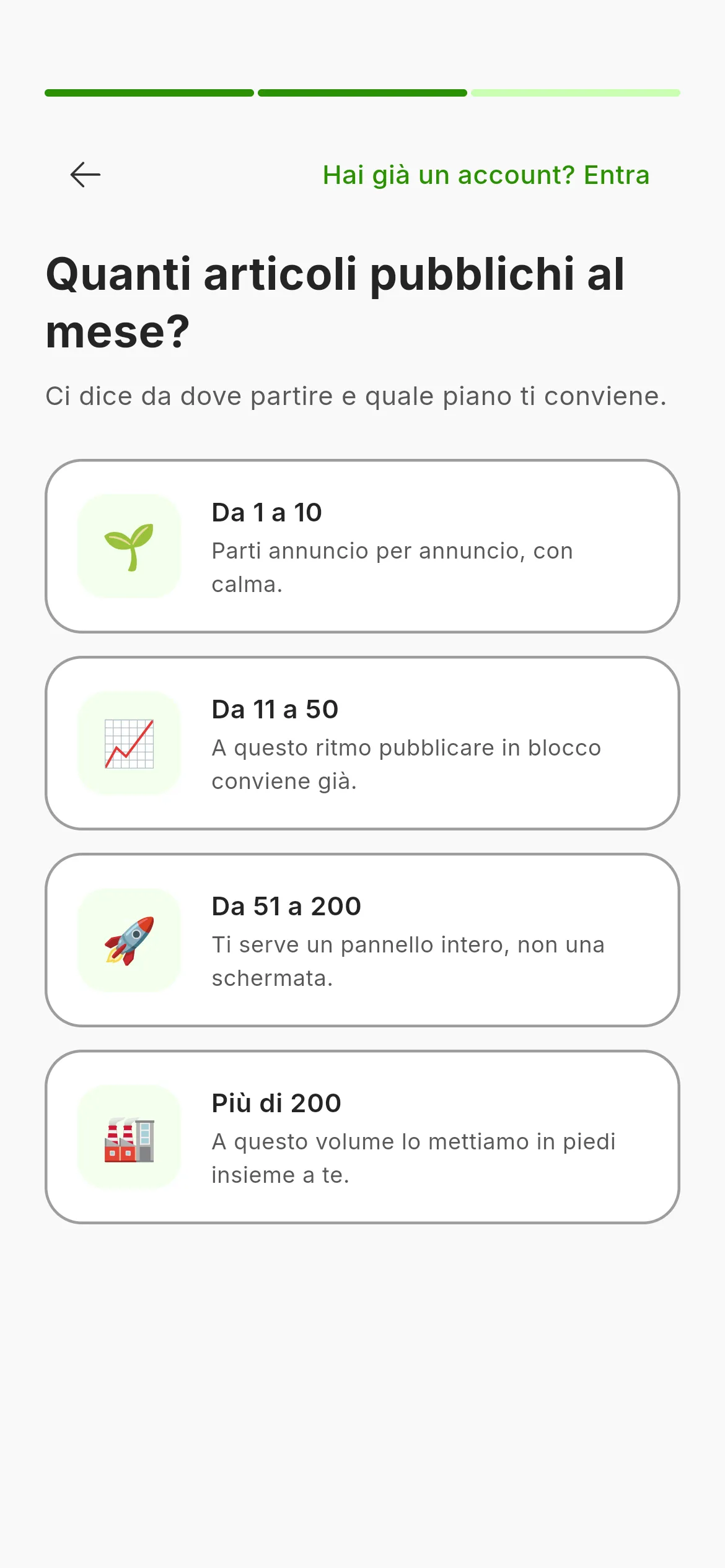 La seconda schermata dell'iscrizione: la domanda su quanti articoli pubblichi al mese con quattro fasce, la barra di avanzamento in alto con il testo Passo 2 di 3 e la freccia per tornare indietro.