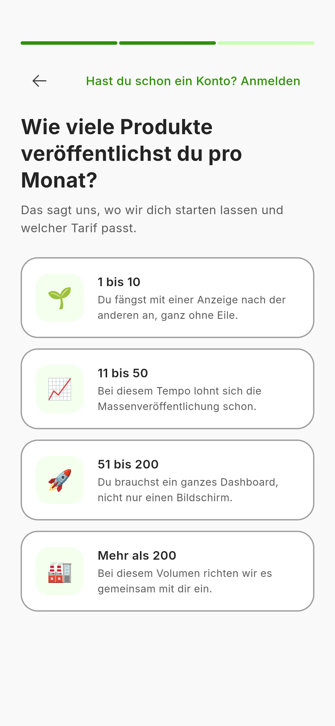 Der zweite Bildschirm der Anmeldung: die Frage, wie viele Artikel du im Monat einstellst, mit vier Spannen, oben der Fortschrittsbalken mit dem Text Schritt 2 von 3 und dem Pfeil zurück.