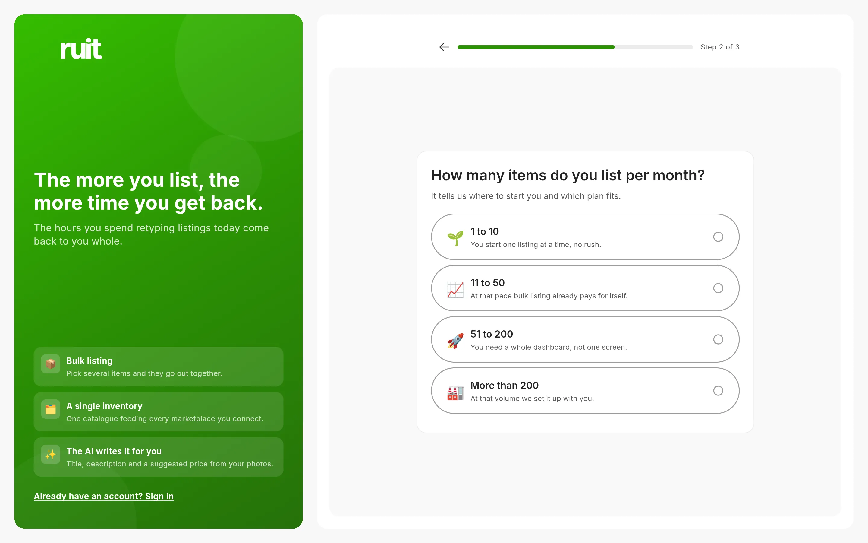The second screen of the sign-up: the question of how many items you list a month with four bands, the progress bar at the top reading Step 2 of 3 and the arrow to go back.