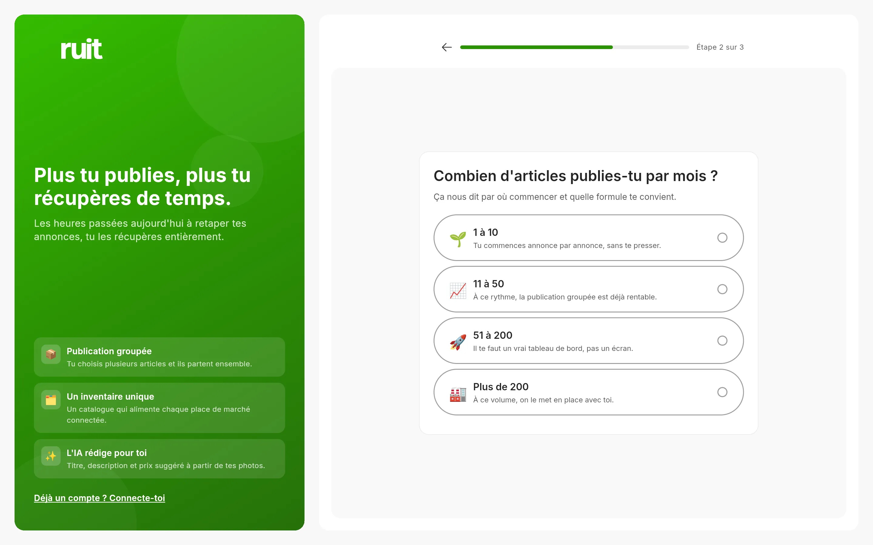 Le deuxième écran de l'inscription : la question du nombre d'articles que vous publiez par mois avec quatre tranches, la barre de progression en haut avec le texte Étape 2 sur 3 et la flèche de retour.