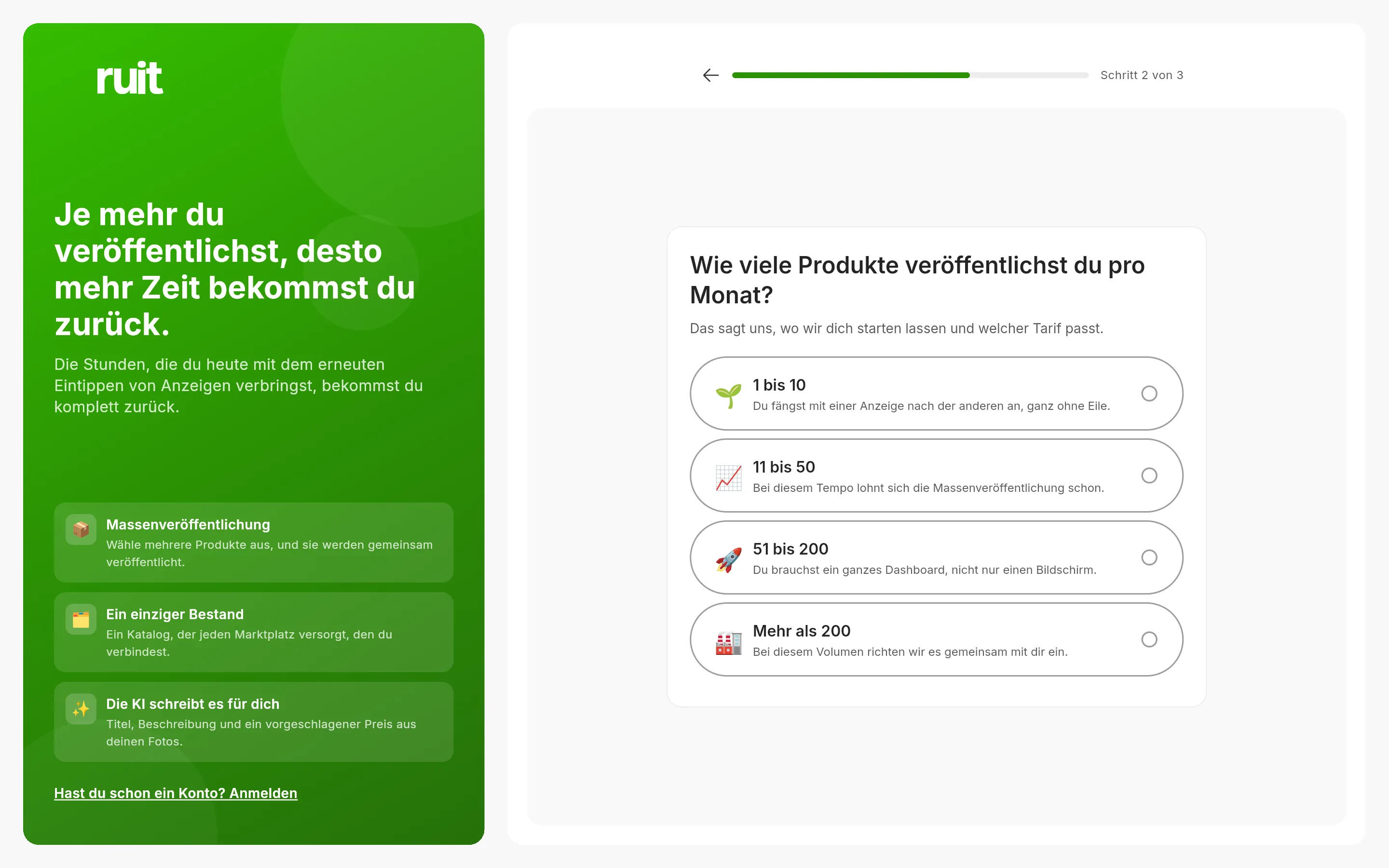 Der zweite Bildschirm der Anmeldung: die Frage, wie viele Artikel du im Monat einstellst, mit vier Spannen, oben der Fortschrittsbalken mit dem Text Schritt 2 von 3 und dem Pfeil zurück.