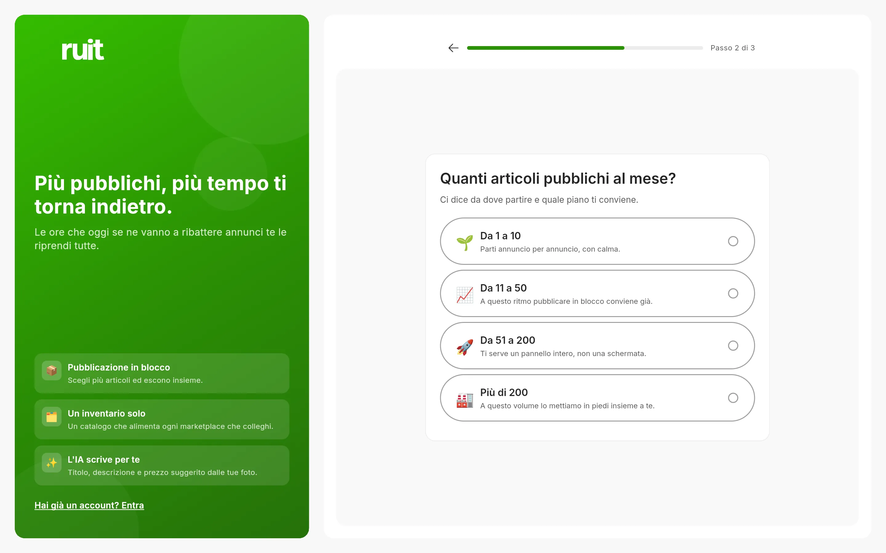 La seconda schermata dell'iscrizione: la domanda su quanti articoli pubblichi al mese con quattro fasce, la barra di avanzamento in alto con il testo Passo 2 di 3 e la freccia per tornare indietro.