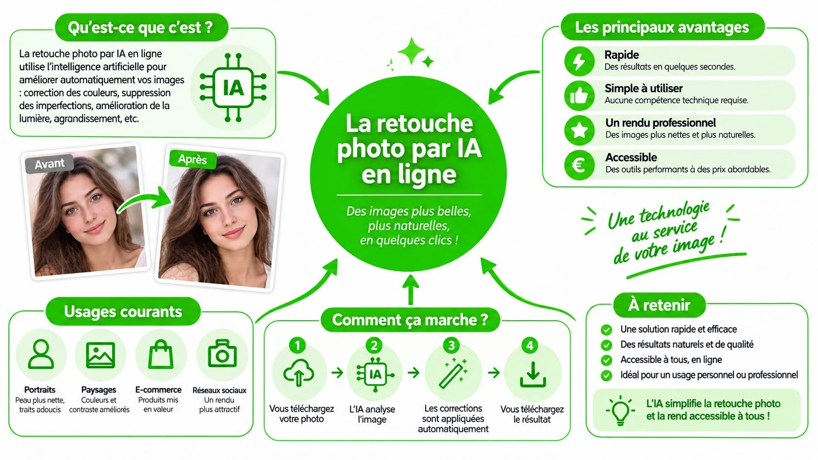 Infographie explicative sur la retouche photo par intelligence artificielle, illustrant son fonctionnement, ses avantages et ses usages.