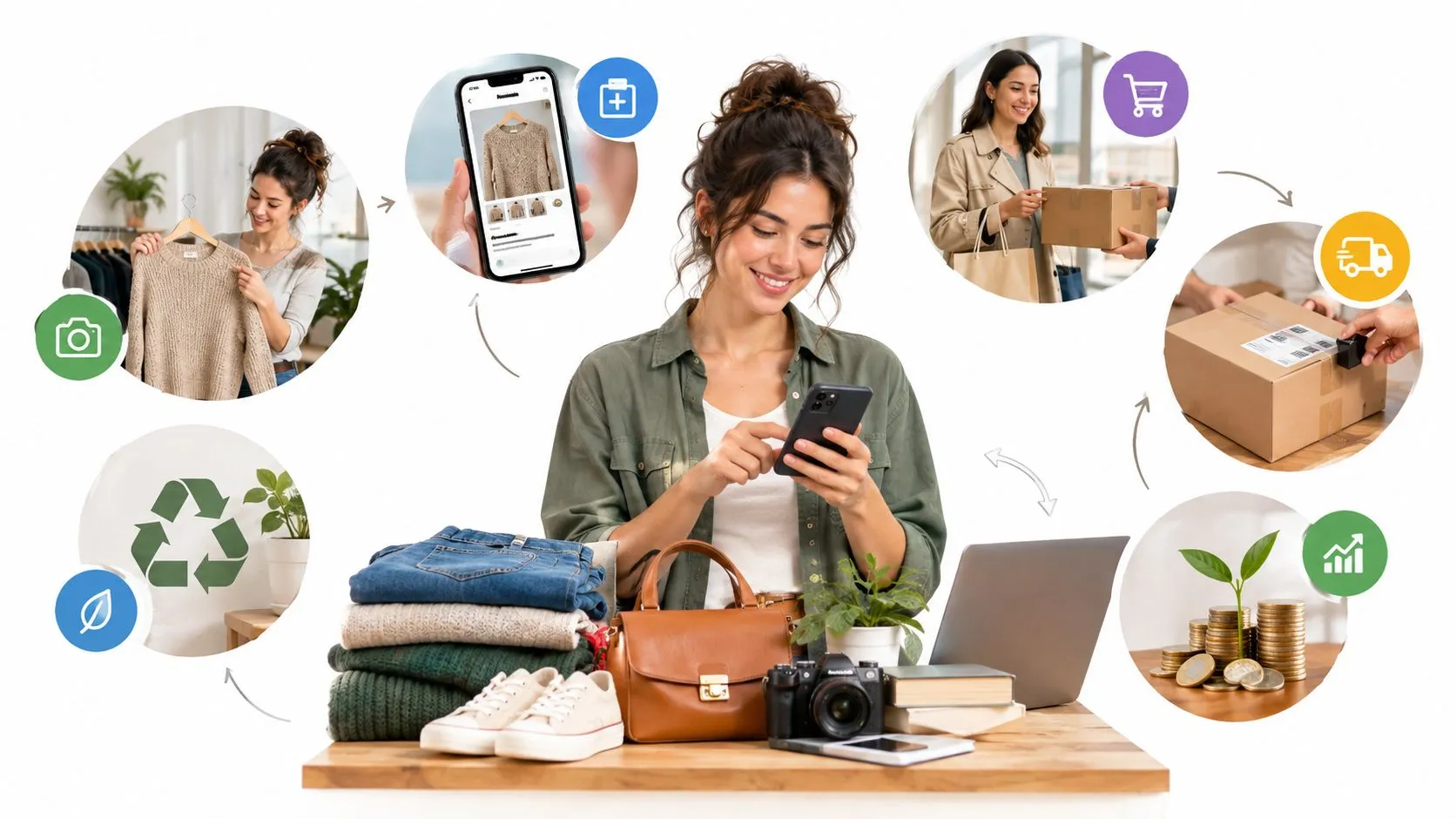 Une femme souriante utilisant son téléphone portable pour vendre ses vêtements d'occasion en ligne sur une application.