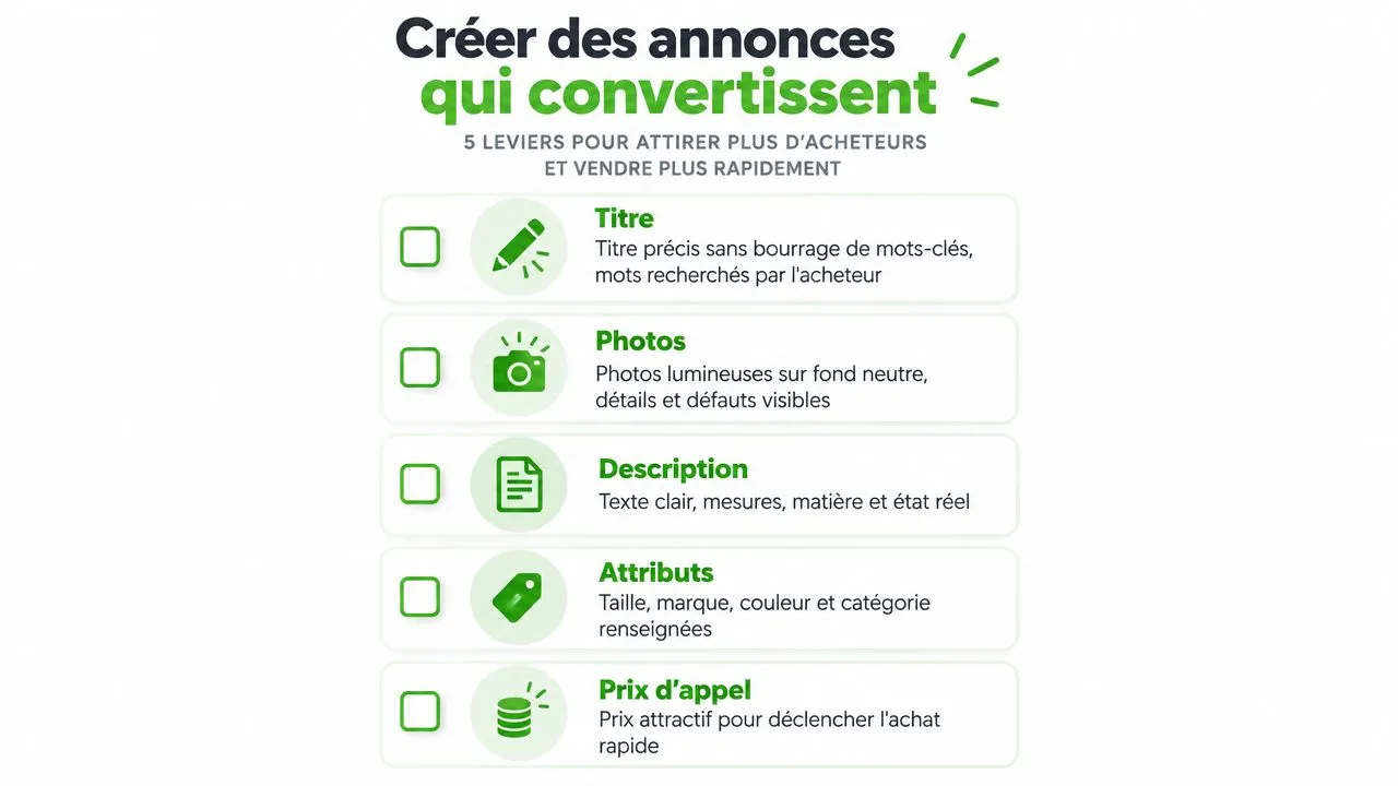 Une infographie en français illustrant cinq conseils clés pour optimiser les annonces de vente en ligne.