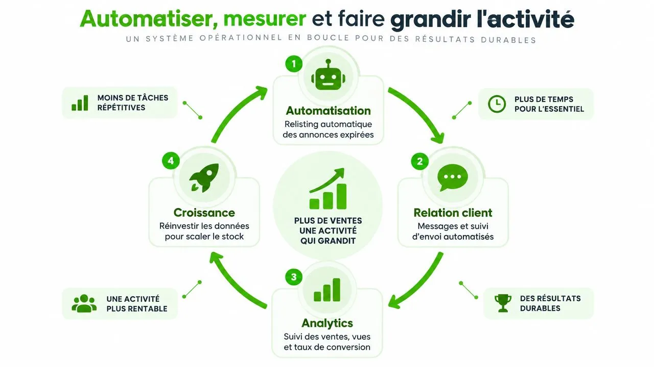Schéma circulaire expliquant le processus d'automatisation, d'analyse et de croissance pour une boutique de seconde main.