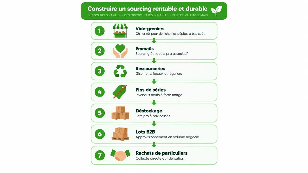Infographie montrant les sept étapes clés pour construire un approvisionnement rentable et durable en seconde main.