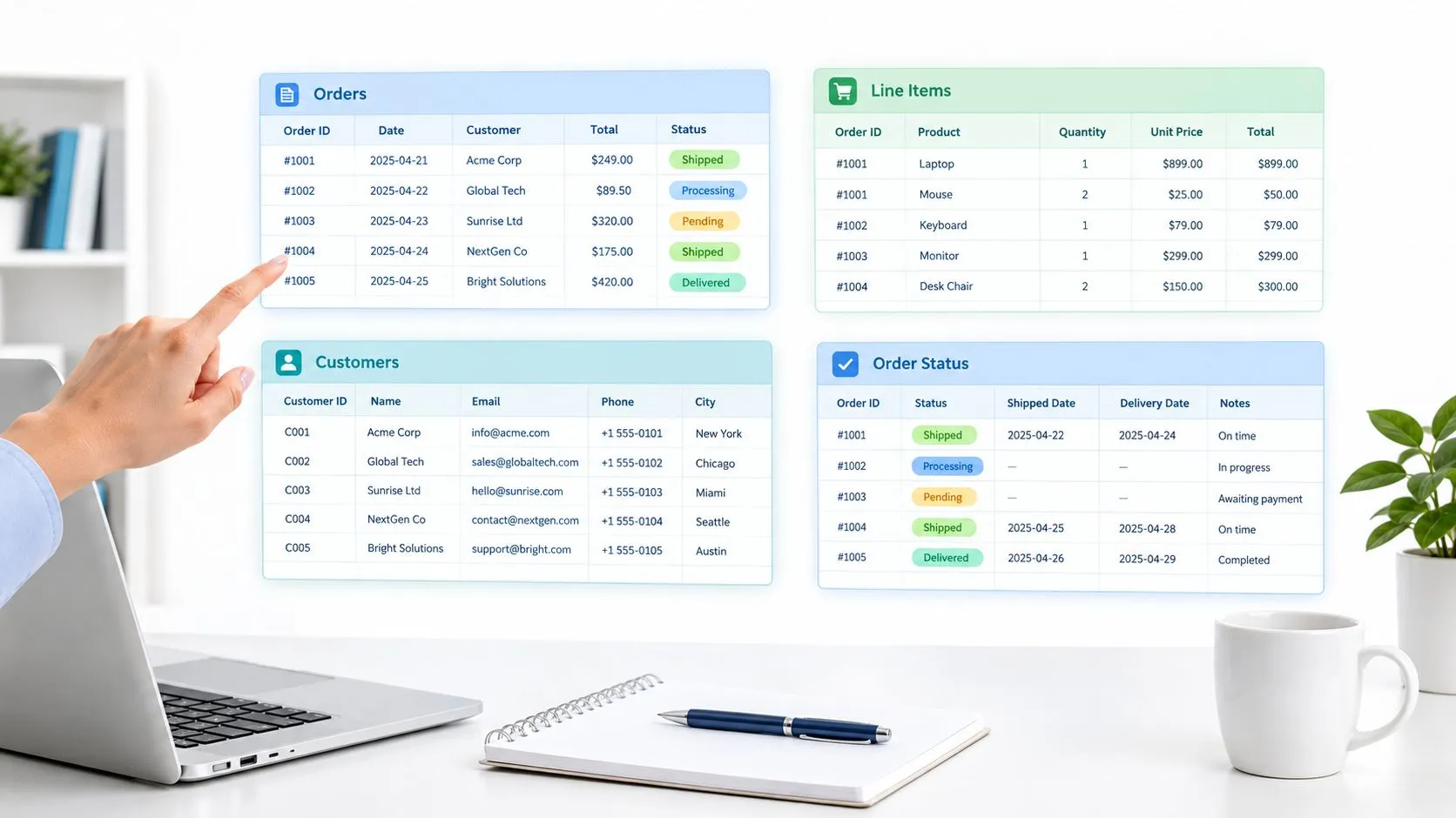 Una mano señalando una pantalla virtual con tablas de gestión de pedidos y datos de clientes