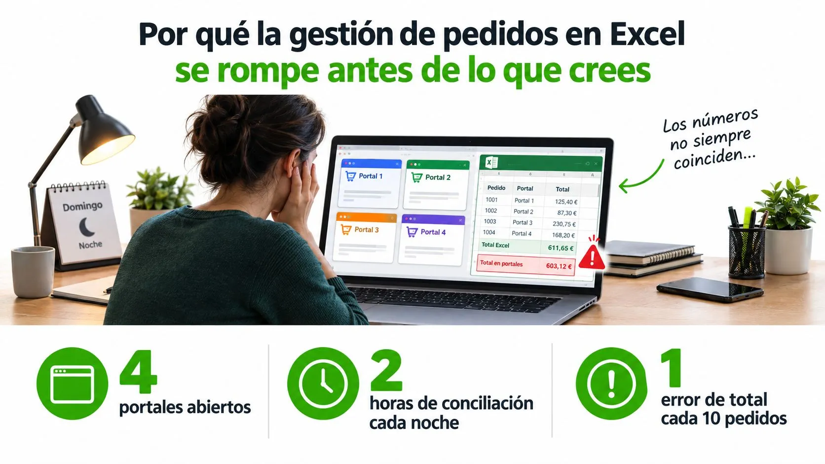 Una mujer estresada frente a una computadora portátil intentando reconciliar pedidos en hojas de cálculo Excel.