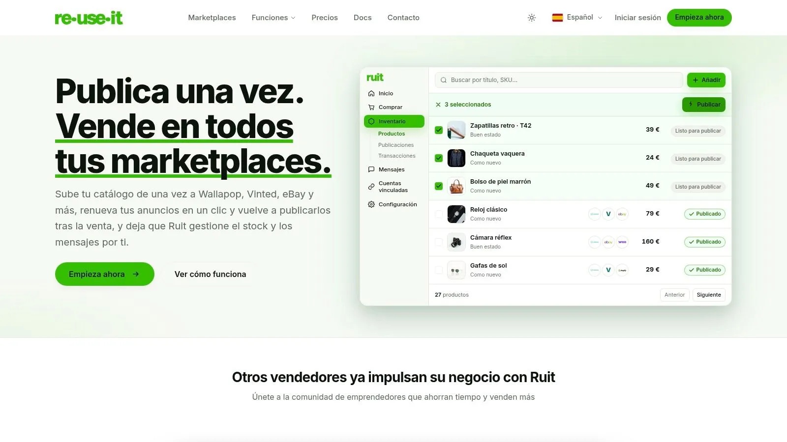 Página de inicio de Ruit con el inventario de productos listos para publicar en varios marketplaces