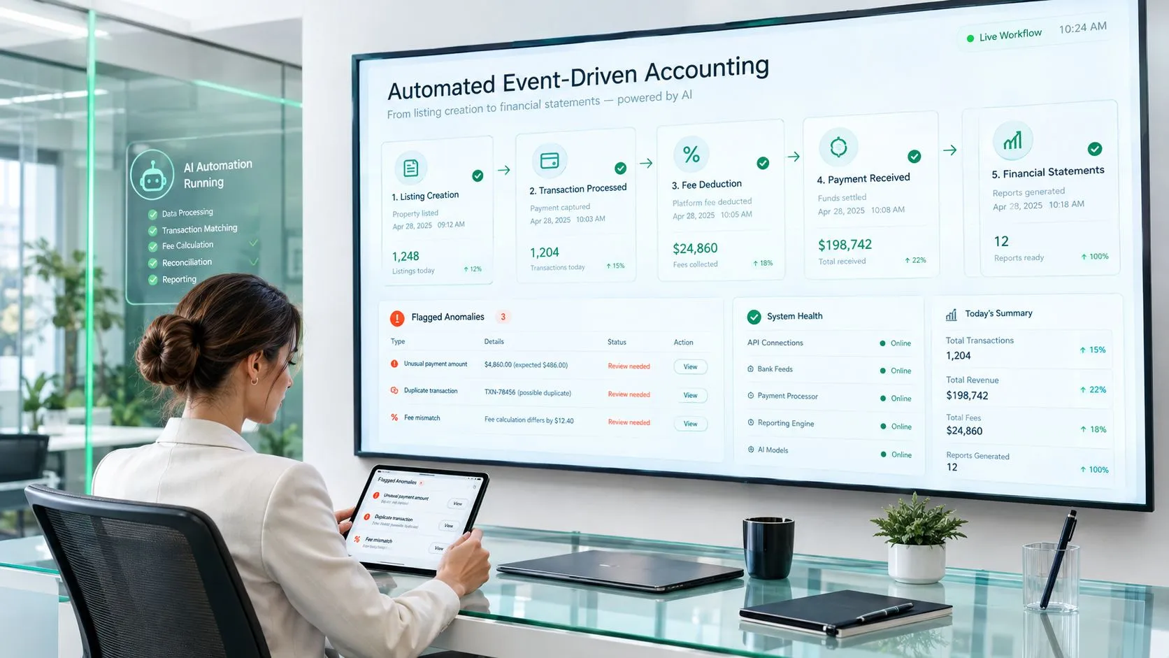 A professional woman monitoring an automated event-driven accounting system on a large wall display in a modern office.