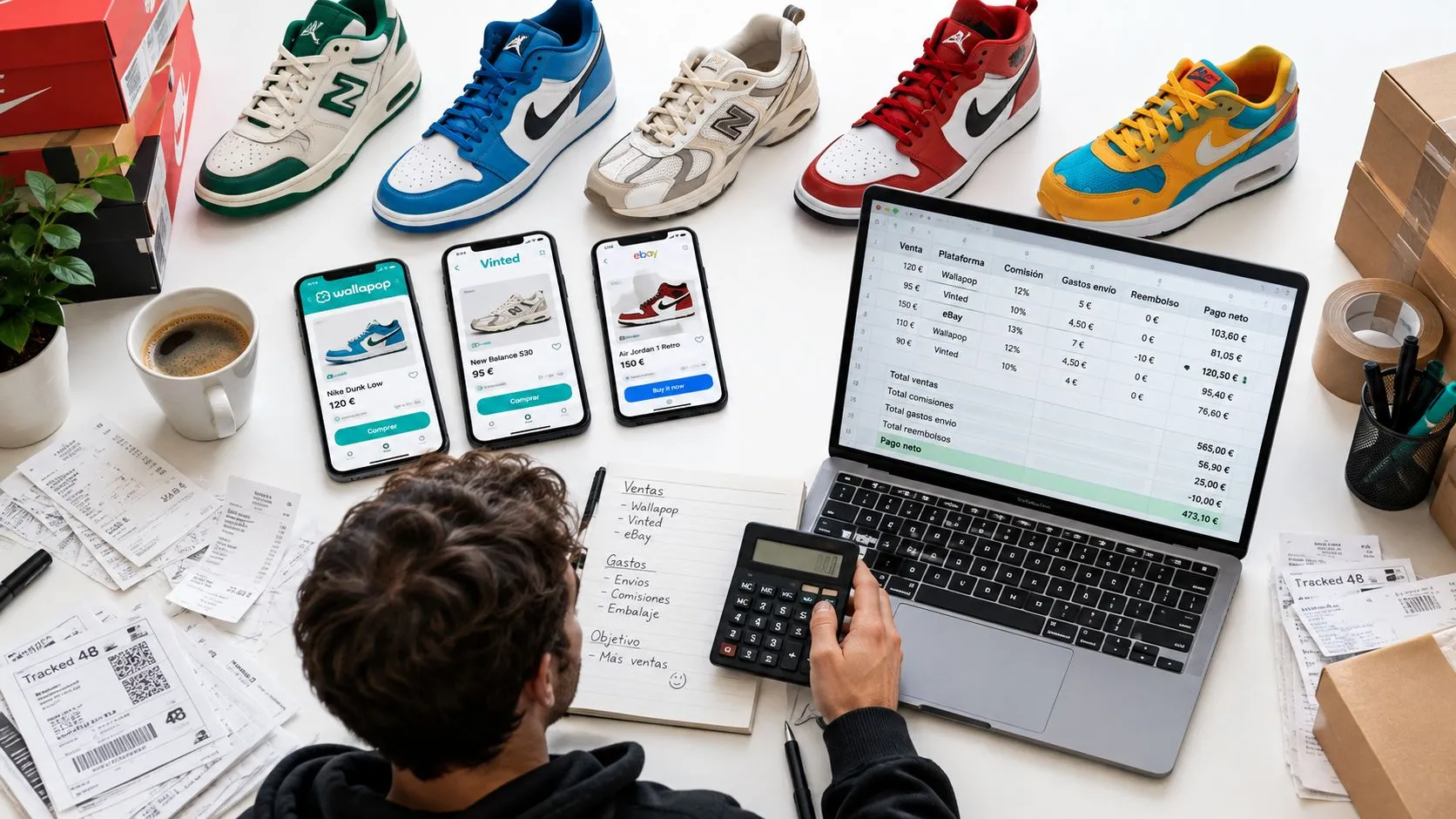 A person analyzing sneaker sales and accounting data on a laptop, surrounded by shoes and shipping receipts.