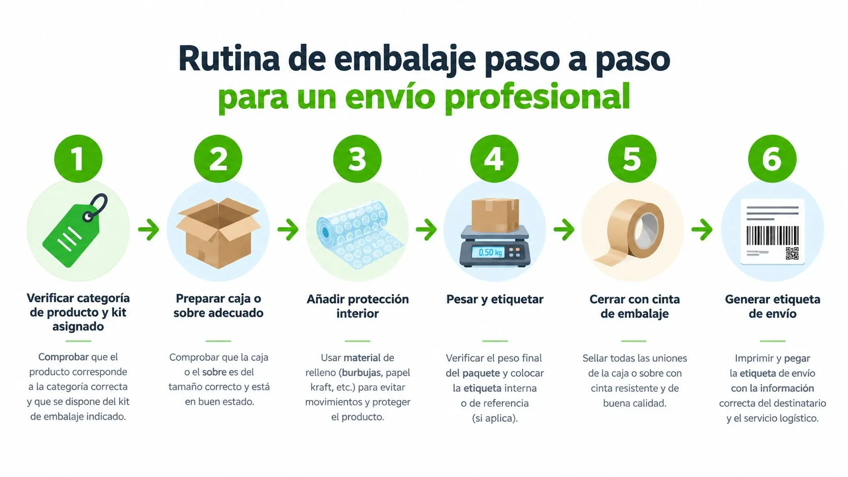 Infografía que muestra una rutina de embalaje paso a paso para realizar un envío profesional y seguro.