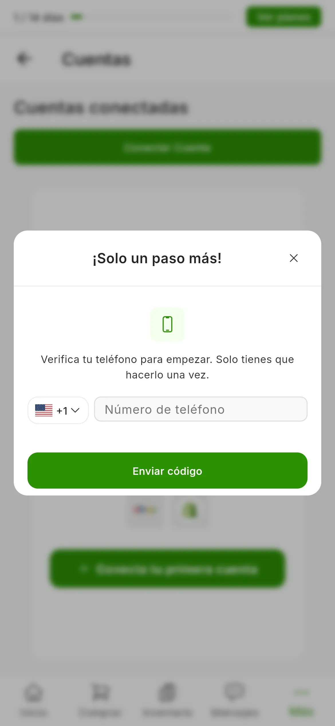 La ventana de verificar el teléfono sobre la pantalla de cuentas: el título Solo un paso más, el selector de país con su prefijo, el campo del número de teléfono y el botón verde de enviar código.