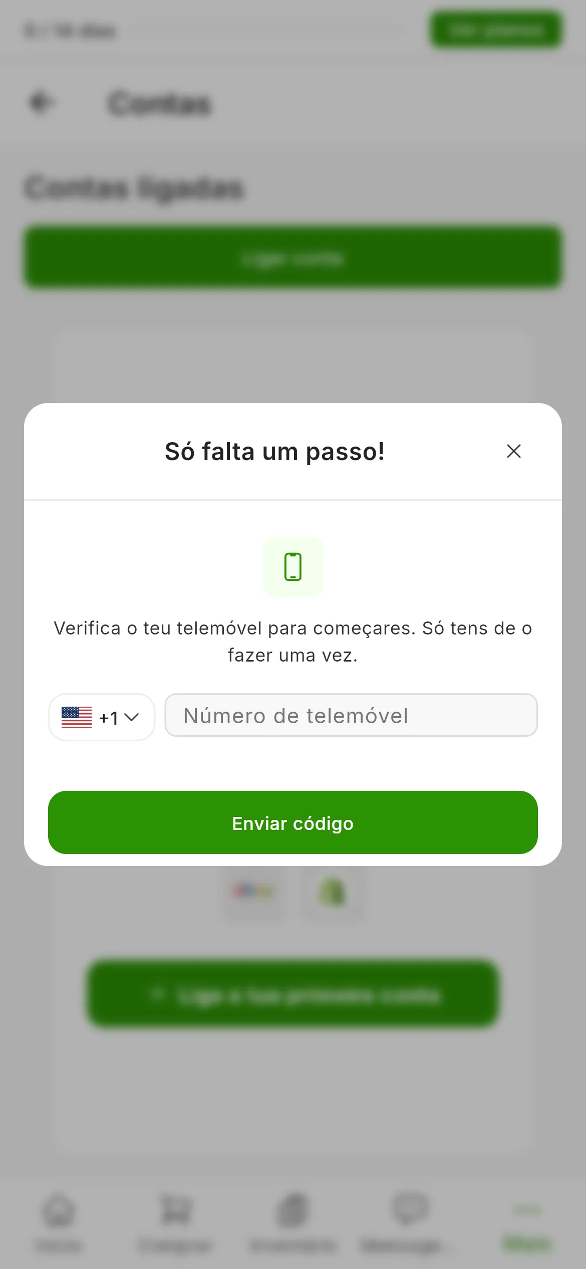 A janela de verificar o telemóvel sobre o ecrã de contas: o título Só mais um passo, o seletor de país com o respetivo indicativo, o campo do número de telefone e o botão verde de enviar código.