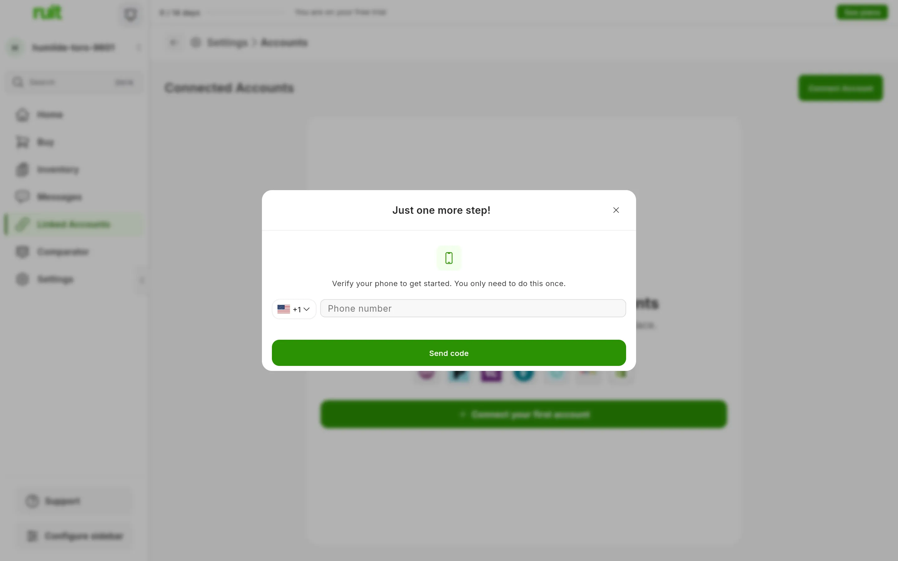 The phone verification window over the accounts screen: the title Just one more step, the country selector with its dialling code, the phone number field and the green send-code button.