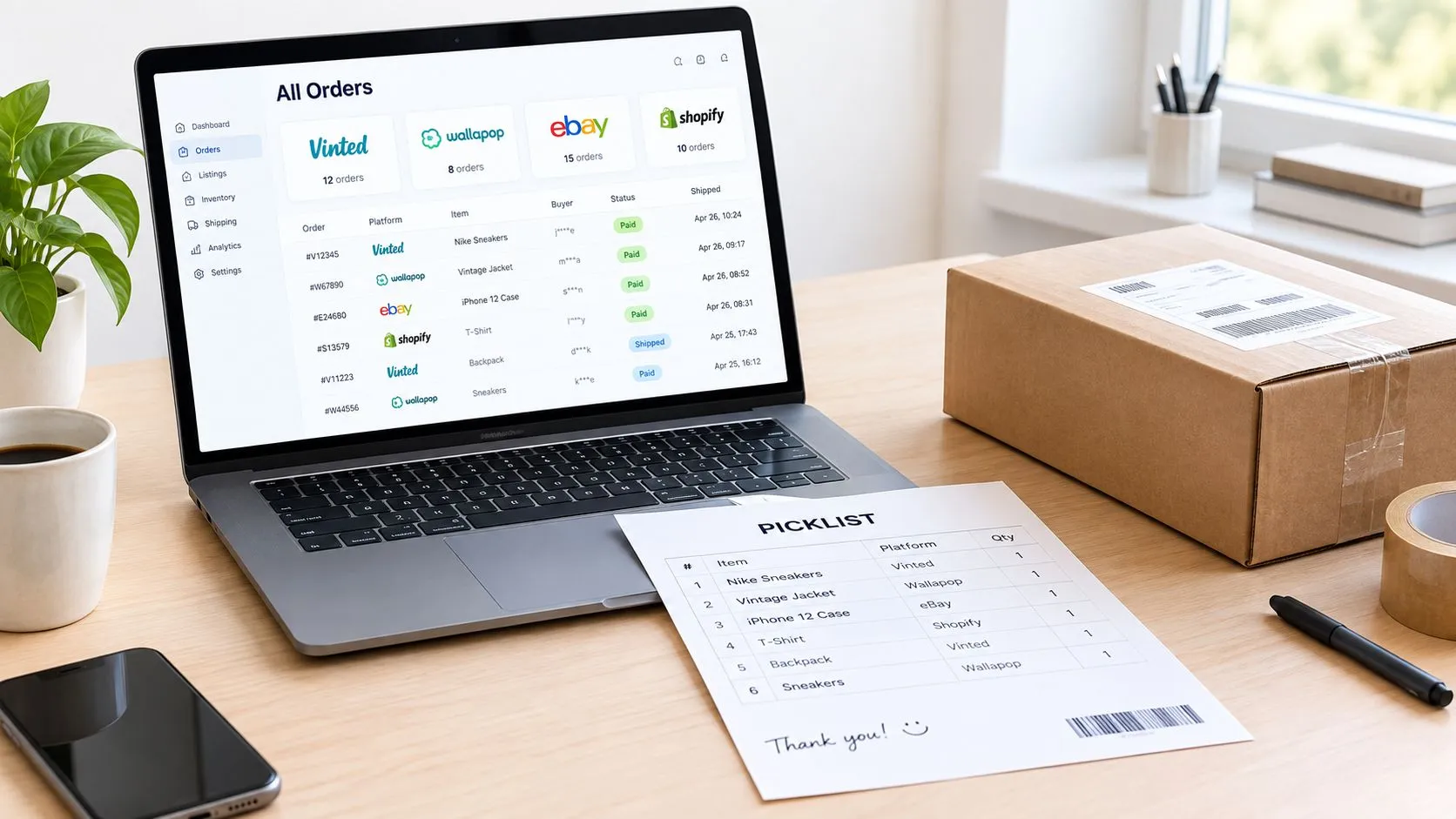 A laptop showing an order dashboard for Vinted, Wallapop, eBay and Shopify next to a printed pick list and a packed box