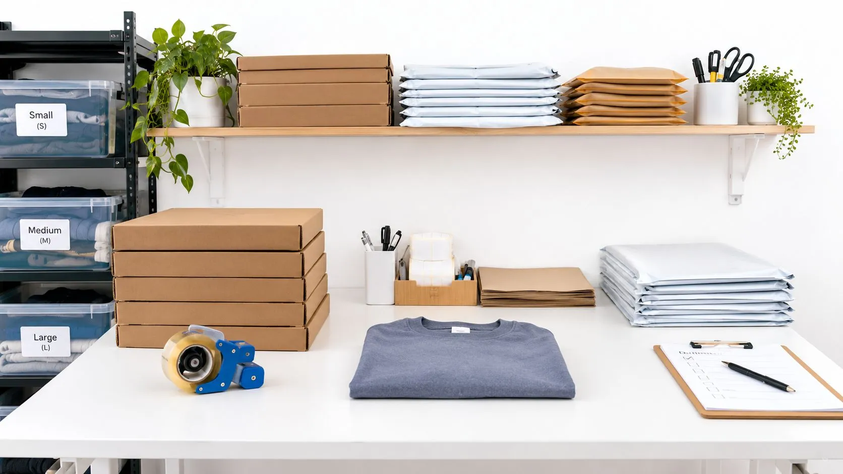 A clean workstation for an online business featuring clothing, shipping boxes, tape dispensers, and packaging supplies.