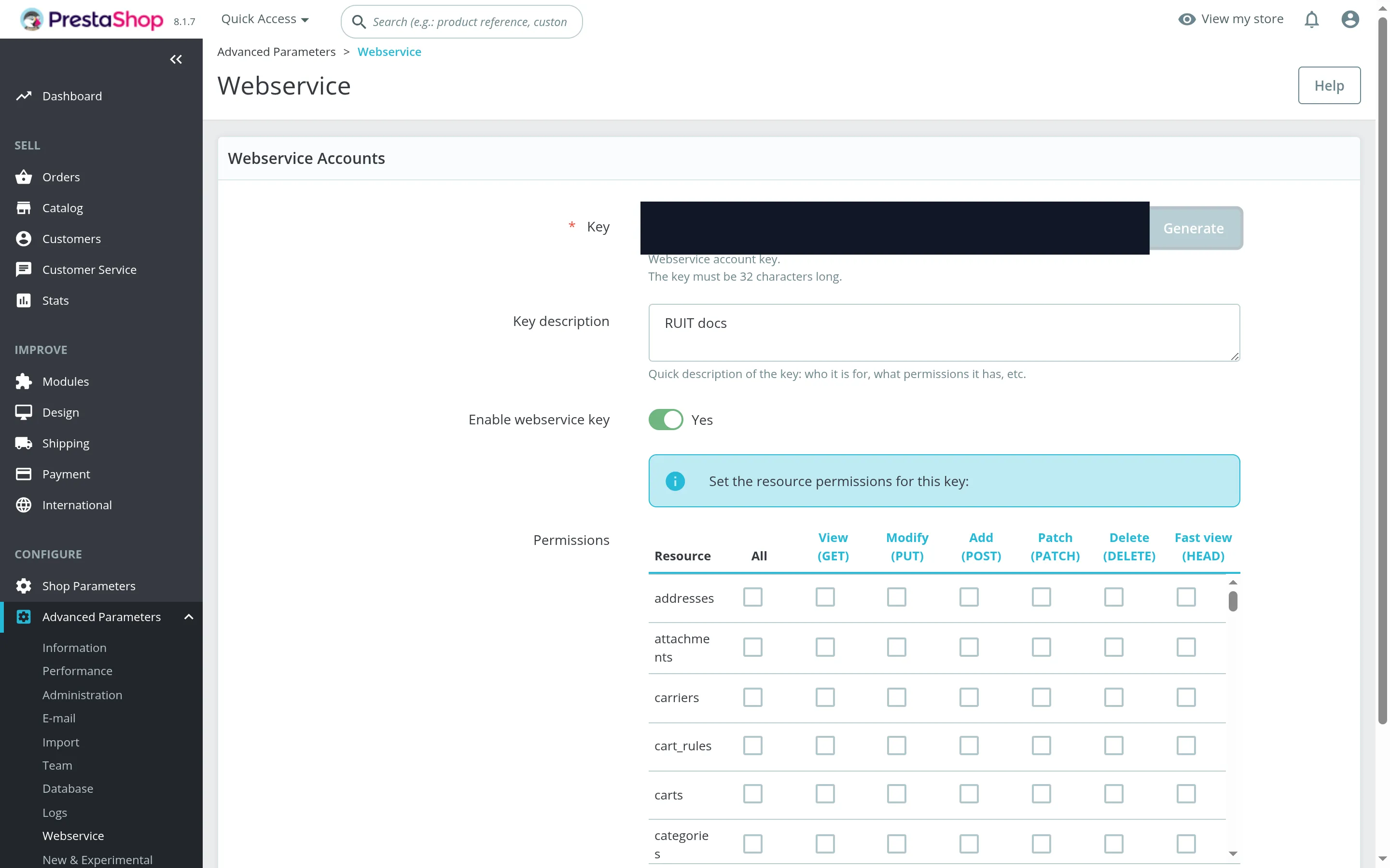 The new key form in PrestaShop: the key field with the generate button next to it, the key description, the switch for enabling it and the start of the permissions table