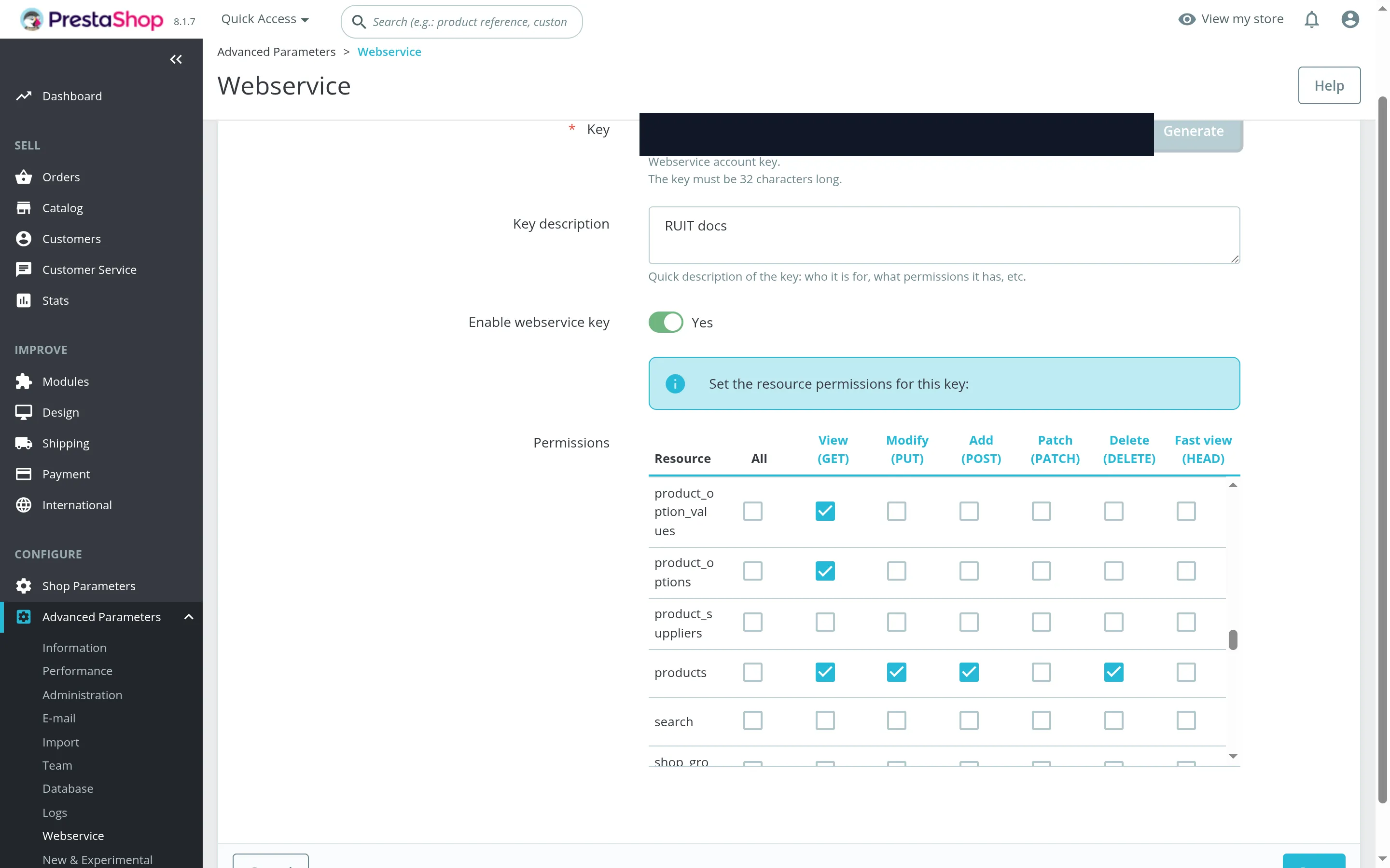 The key's permissions table in PrestaShop, with the view, modify, add, patch, delete and fast view columns, and the products row with the view, modify, add and delete boxes ticked